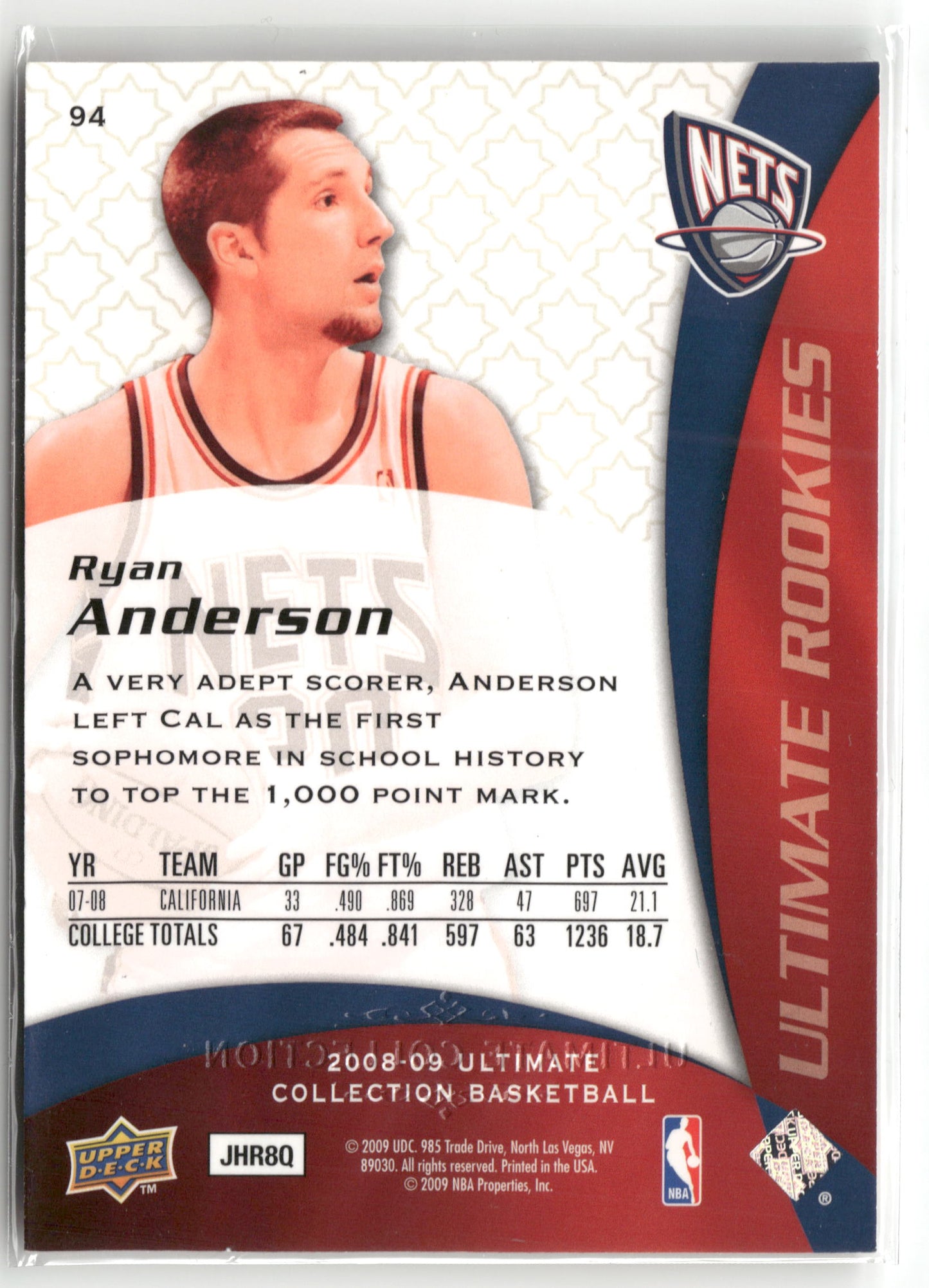Basketball NBA Ryan Anderson 2008-09 Upper Deck Ultimate Collection Basketball #94 New Jersey Nets Rookie Card RC Trading Card Original