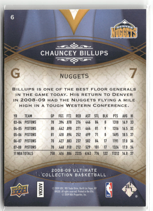 Basketball NBA Chauncey Billups 2008-09 Upper Deck Ultimate Collection Basketball #6 Denver Nuggets Trading Card Original