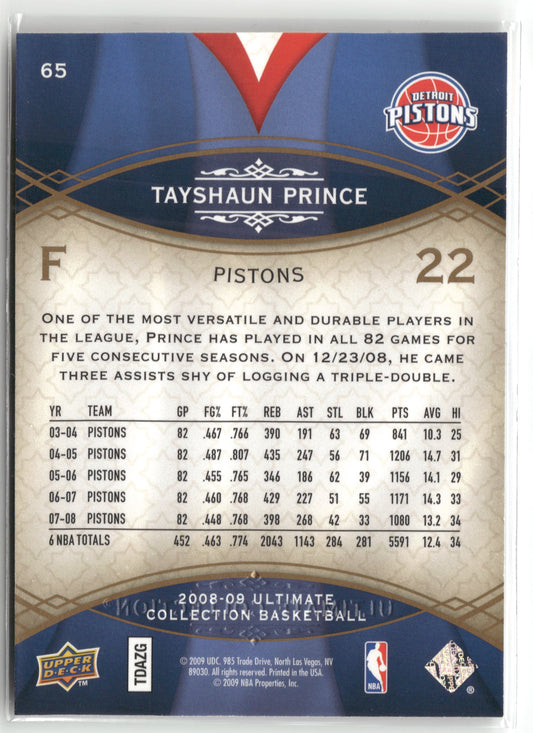 Basketball NBA Tayshaun Prince 2008-09 Upper Deck Ultimate Collection Basketball #65 Detroit Pistons Trading Card Original