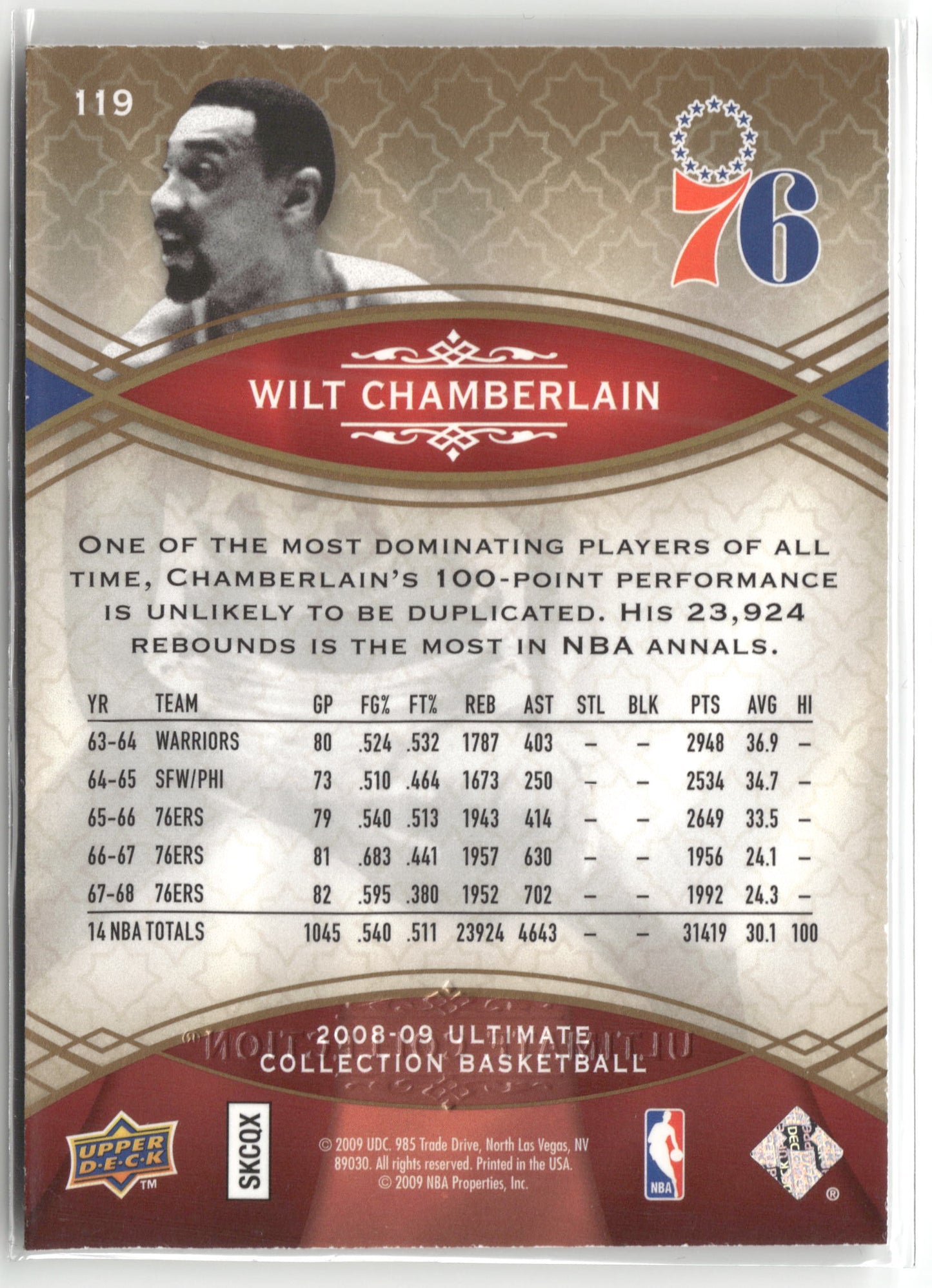 Basketball NBA Wilt Chamberlain 2008-09 Upper Deck Ultimate Collection Basketball #119 76ers Trading Card Original
