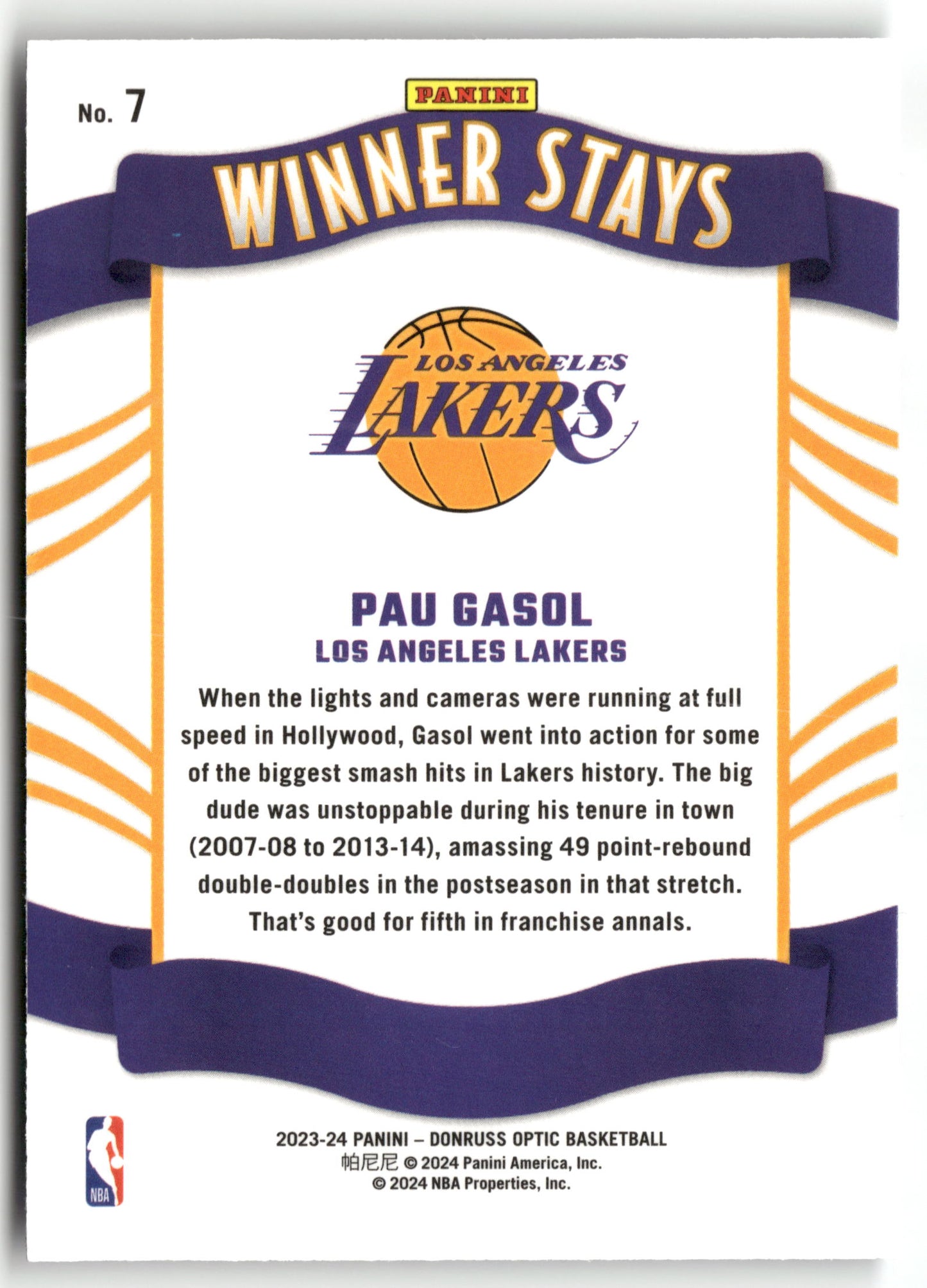 Basketball NBA Pau Gasol 2023-24 Panini Donruss Optic Basketball #7 Winner Stays Los Angeles Lakers Trading Card Original