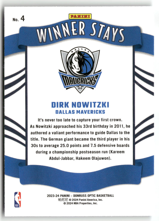 Basketball NBA Dirk Nowitzki 2023-24 Panini Donruss Optic Basketball #4 Winner Stays Dallas Mavericks Trading Card Original