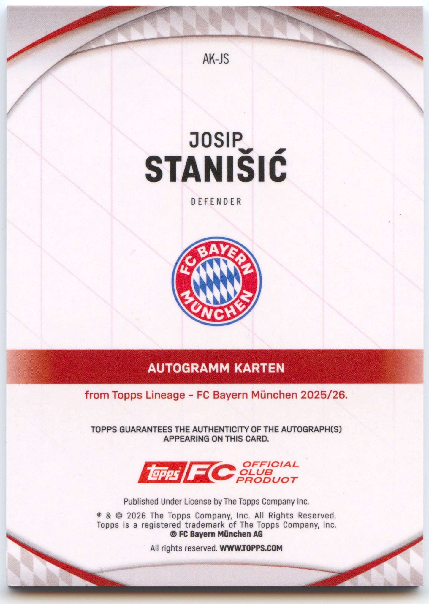 Fußball Josip Stanišić Topps Lineage 2025-26 FC Bayern München #AK-JS Auto Gold /50 FC Bayern München Trading Card Original