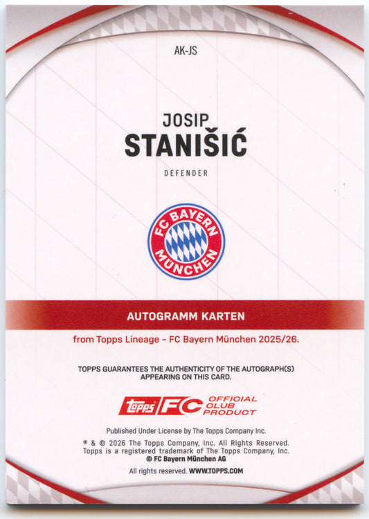Fußball Josip Stanišić Topps Lineage 2025-26 FC Bayern München #AK-JS Auto Gold /50 FC Bayern München Trading Card Original
