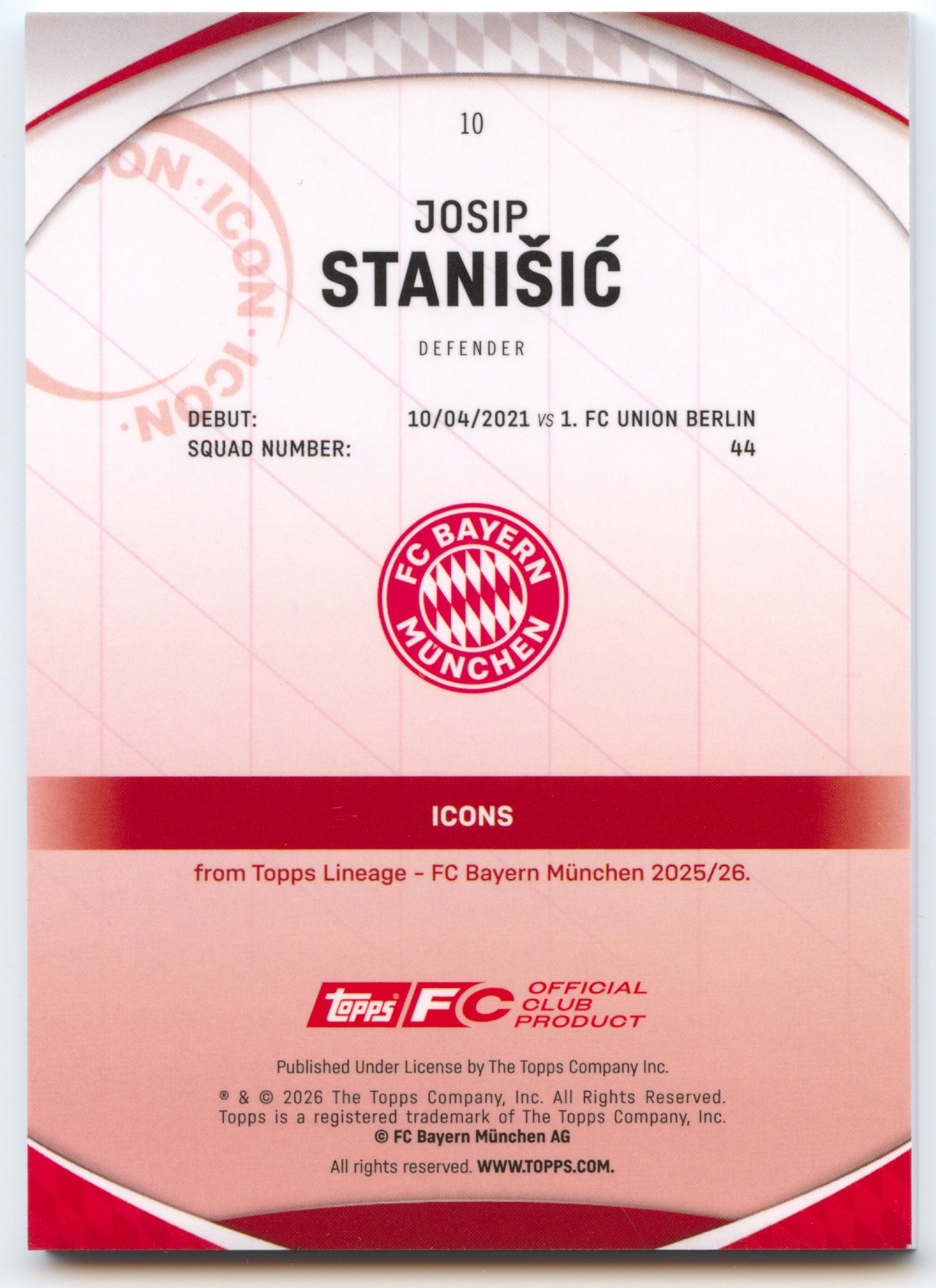 Fußball Josip Stanišić Topps Lineage 2025-26 FC Bayern München #10 FC Bayern München Trading Card Original