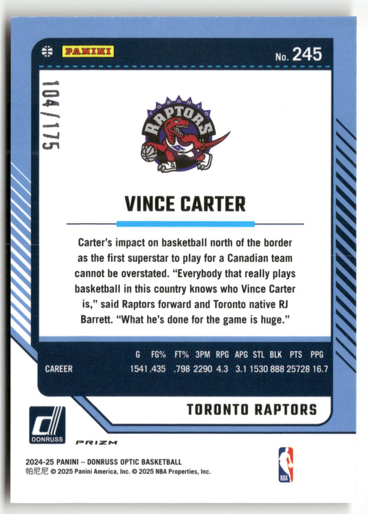 Basketball NBA Vince Carter 2024-25 Panini Donruss Optic Basketball #245 Orange Prizm /175 Toronto Raptors Trading Card Original