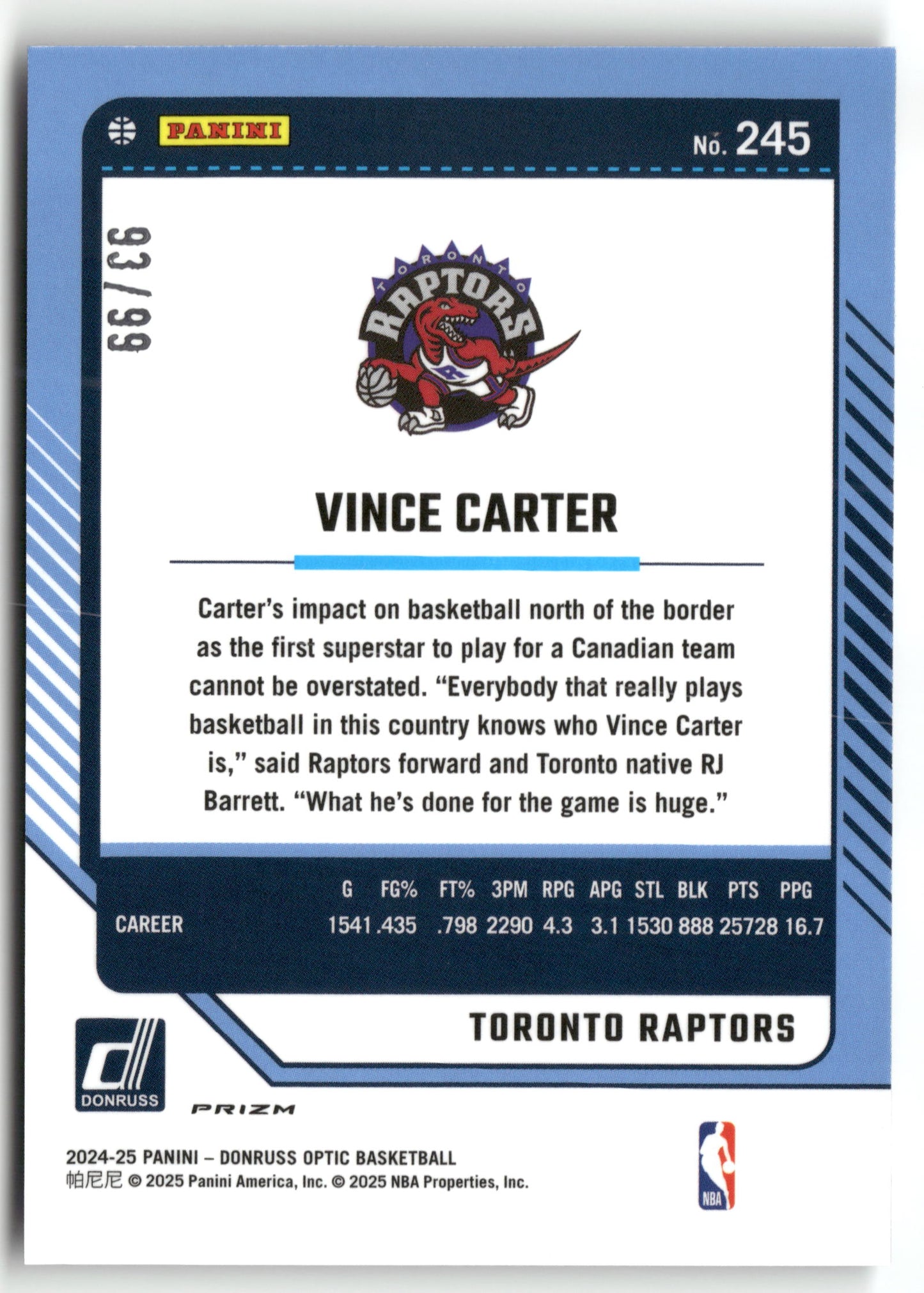 Basketball NBA Vince Carter 2024-25 Panini Donruss Optic Basketball #245 Fast Break Purple Prizm /99 Toronto Raptors Trading Card Original