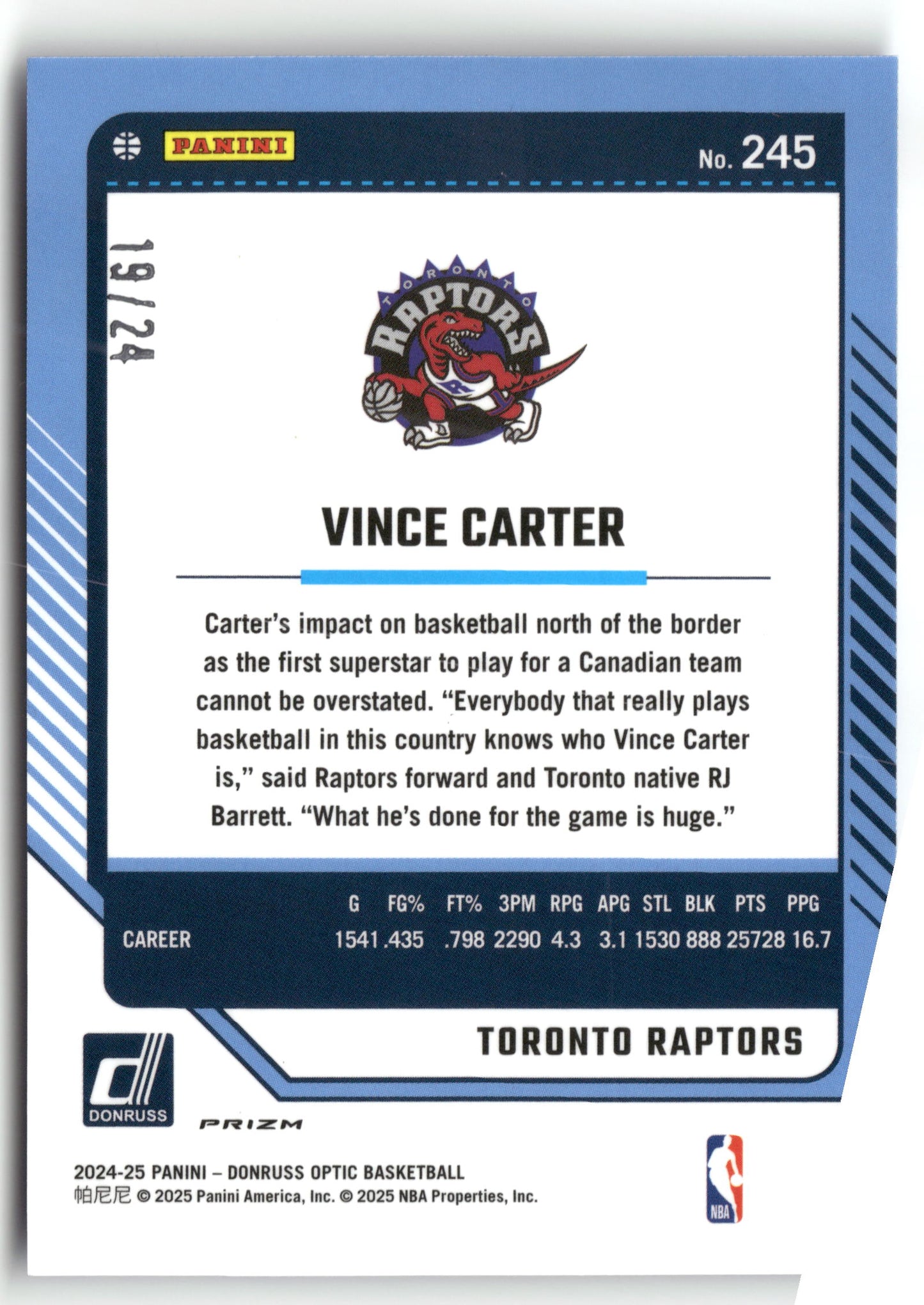 Basketball NBA Vince Carter 2024-25 Panini Donruss Optic Basketball #245 Blue Mojo Prizm /24 Toronto Raptors Trading Card Original