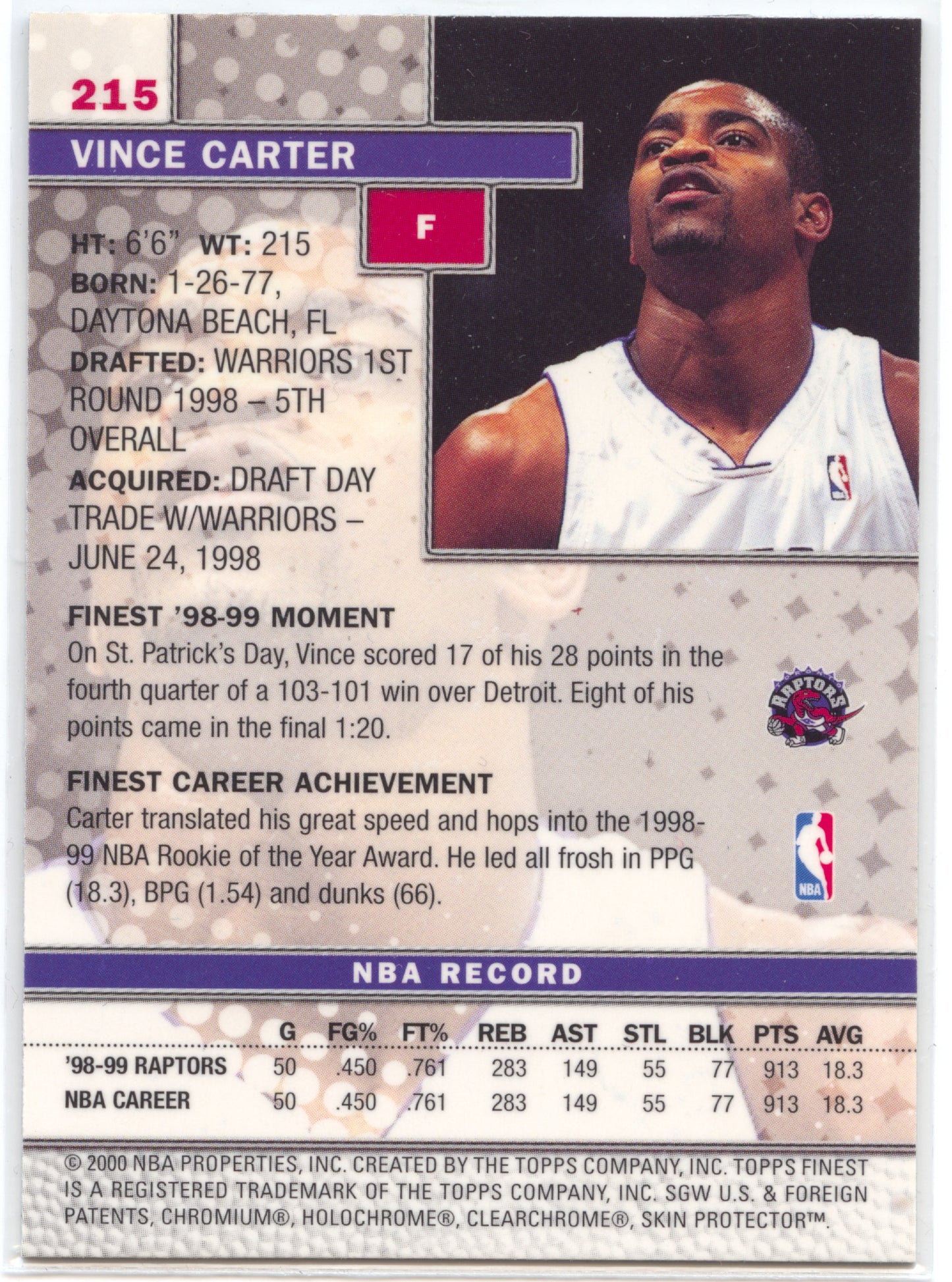 Basketball NBA Vince Carter 1999-00 Topps Finest #215 Toronto Raptors Trading Card Original