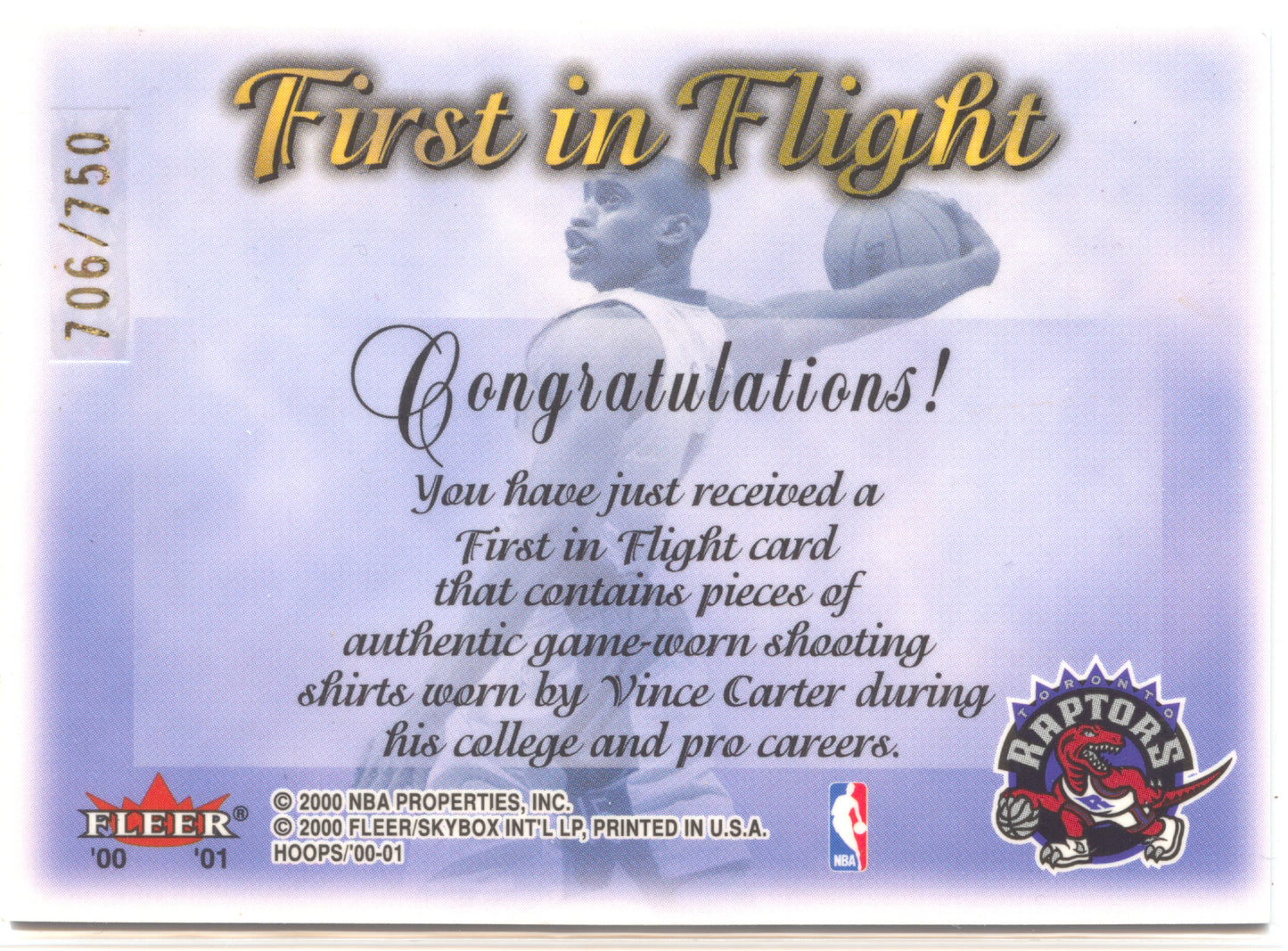 Basketball NBA Vince Carter 2000-01 NBA Hoops Hot Prospects Game Worn /750 Toronto Raptors Trading Card Original