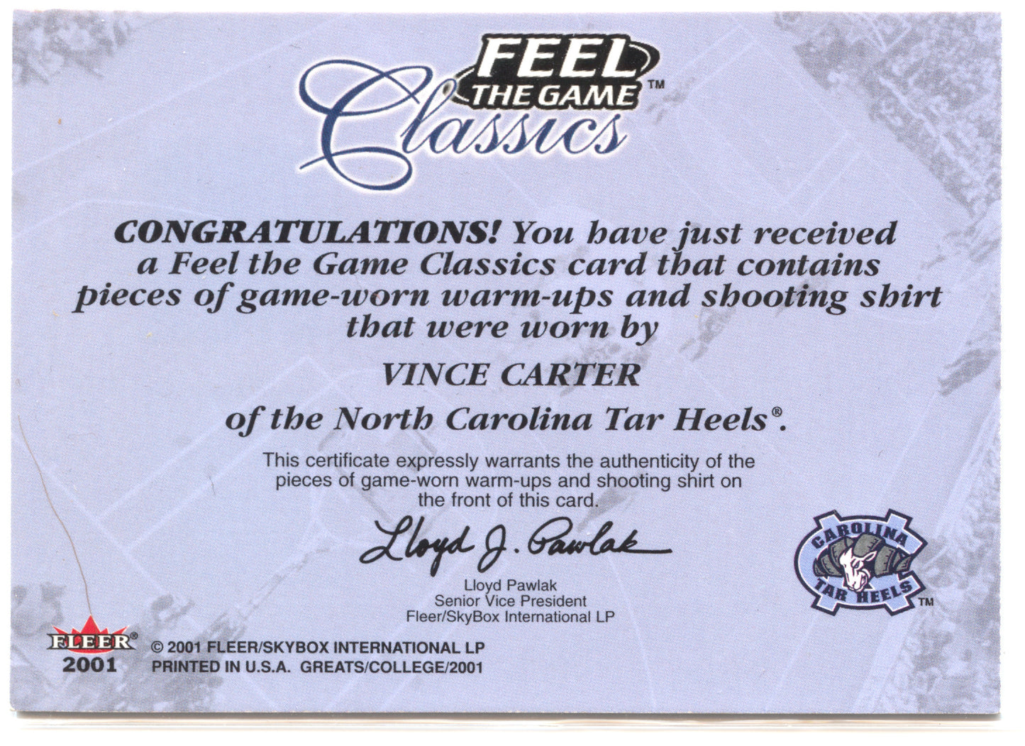 Basketball NBA Vince Carter 2001 Fleer Feel the Game Classics Game Worn North Carolina Tar Heels Trading Card Original