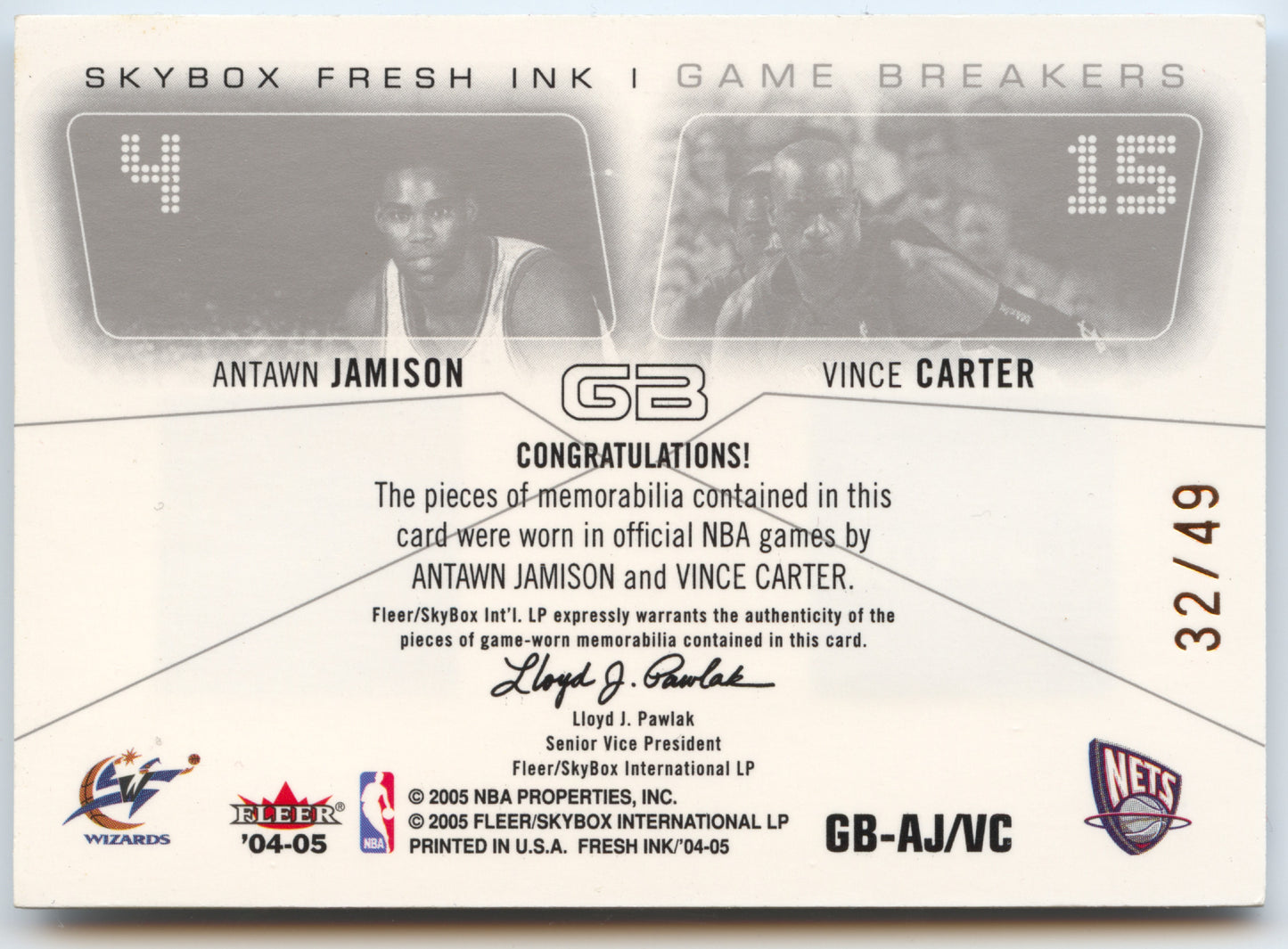 Basketball NBA Antawn Jamison / Vince Carter 2004-05 Skybox Fresh Ink #GB-AJ/VC Game Worn /49 Washington Wizards / New Jersey Nets Trading Card Original