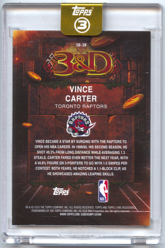 Basketball NBA Vince Carter Topps 3 3&D 2026 #3D-38 Red /1/5 FOTL Toronto Raptors Trading Card Original