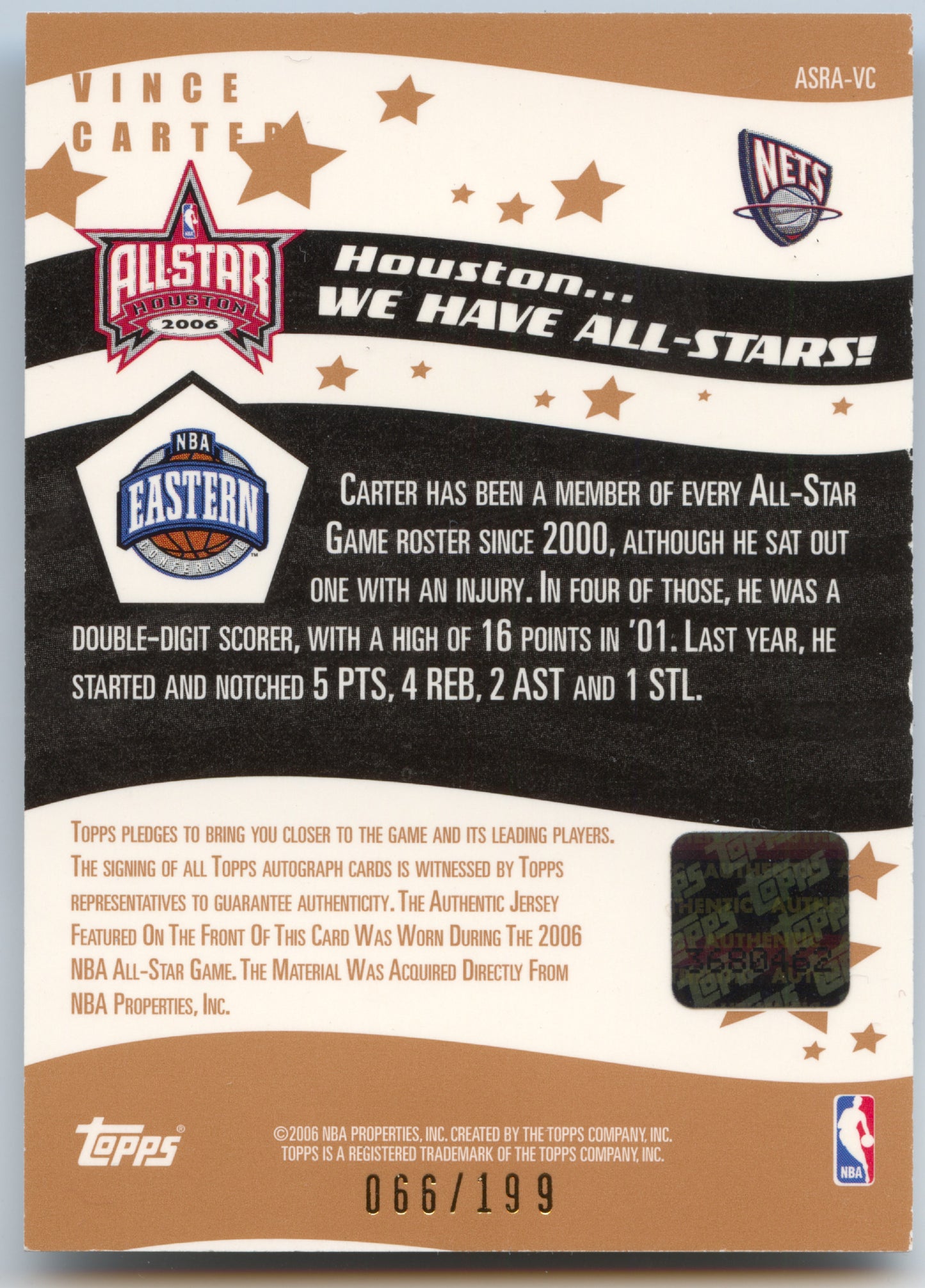 Basketball NBA Vince Carter 2006 Topps All-Star Rally #ASRA-VC /199 Auto New Jersey Nets Trading Card Original