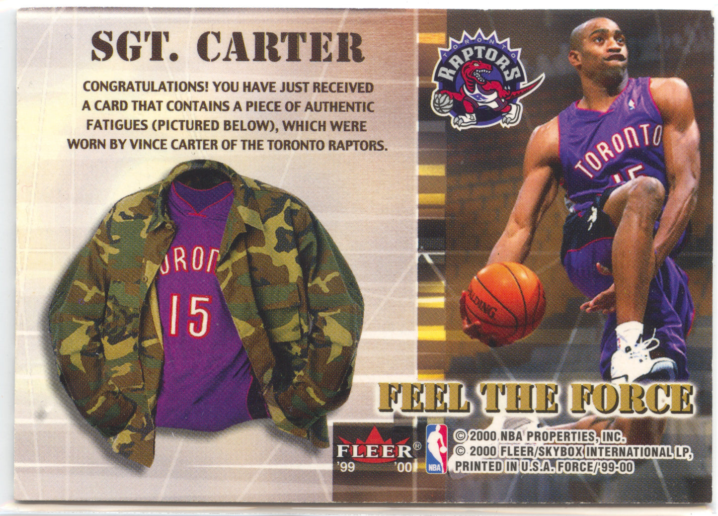 Basketball NBA Vince Carter 1999-00 Fleer Force Feel the Force Sgt. Carter Player Worn Toronto Raptors Trading Card Original