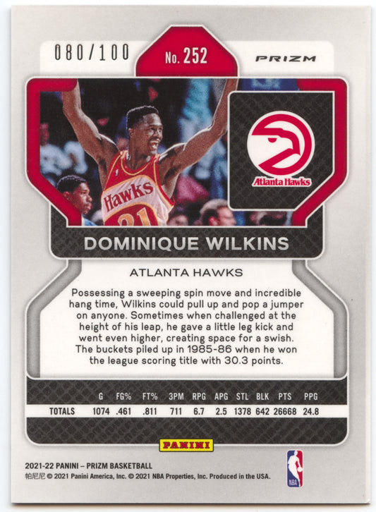 Basketball NBA Dominique Wilkins 2021-22 Panini Prizm Basketball #252 Red Fast Break Prizm /100 Atlanta Hawks Trading Card Original