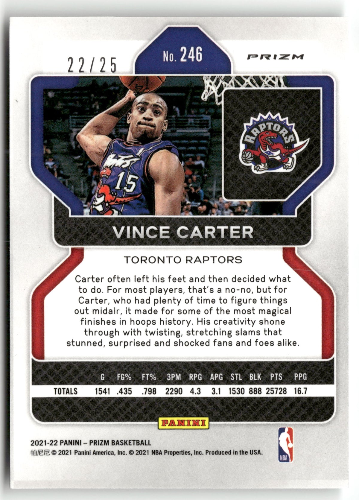 Basketball NBA Vince Carter 2021-22 Panini Prizm Basketball #246 Mojo Prizm 22/25 Toronto Raptors Trading Card Original