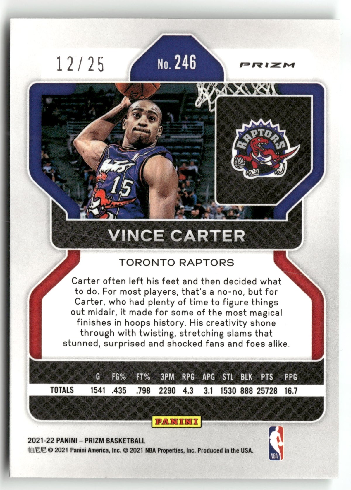 Basketball NBA Vince Carter 2021-22 Panini Prizm Basketball #246 Green Pulsar Prizm SP 12/25 Toronto Raptors Trading Card Original