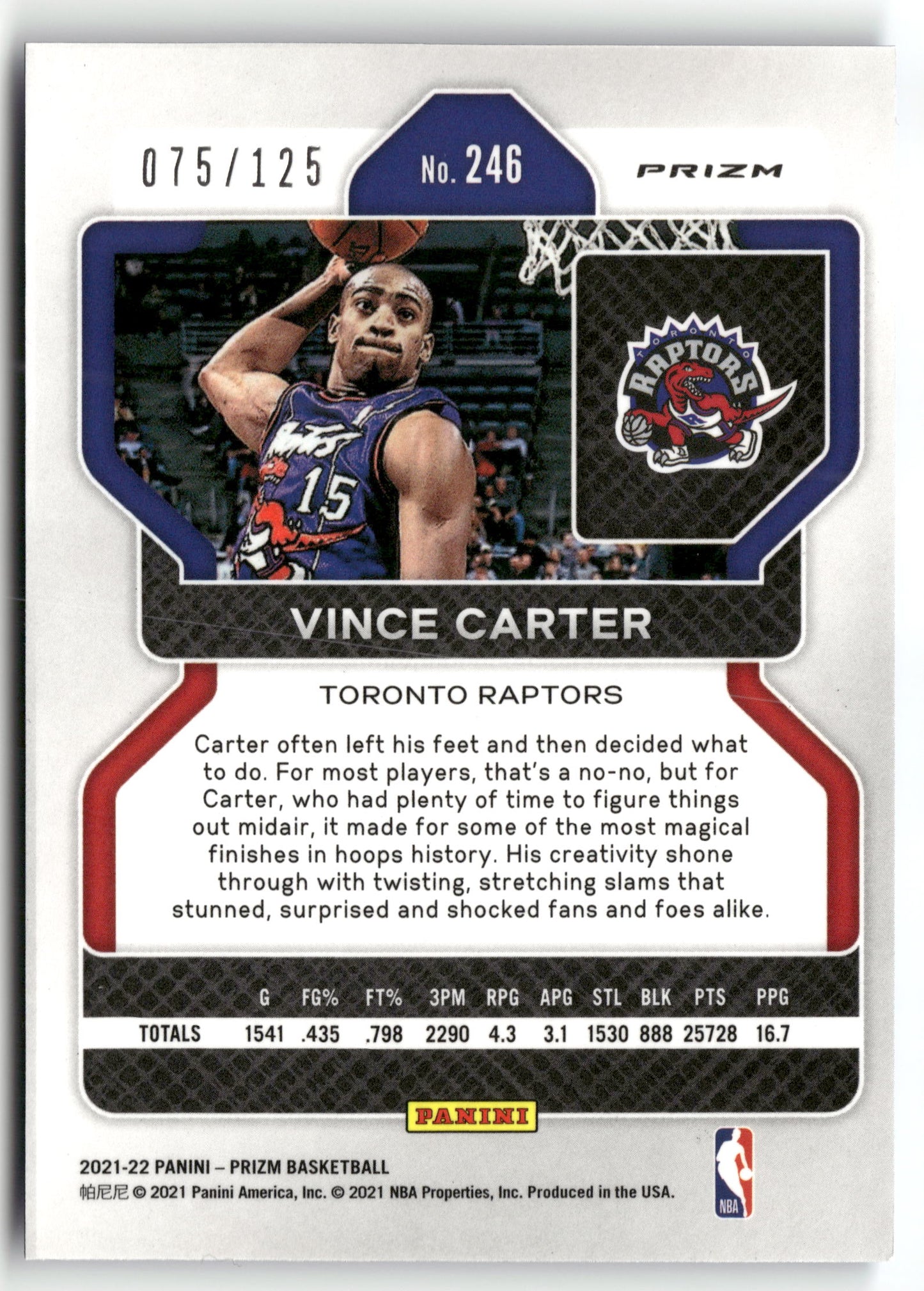 Basketball NBA Vince Carter 2021-22 Panini Prizm #246 Blue Cracked Ice Prizm /125 Toronto Raptors Trading Card Original