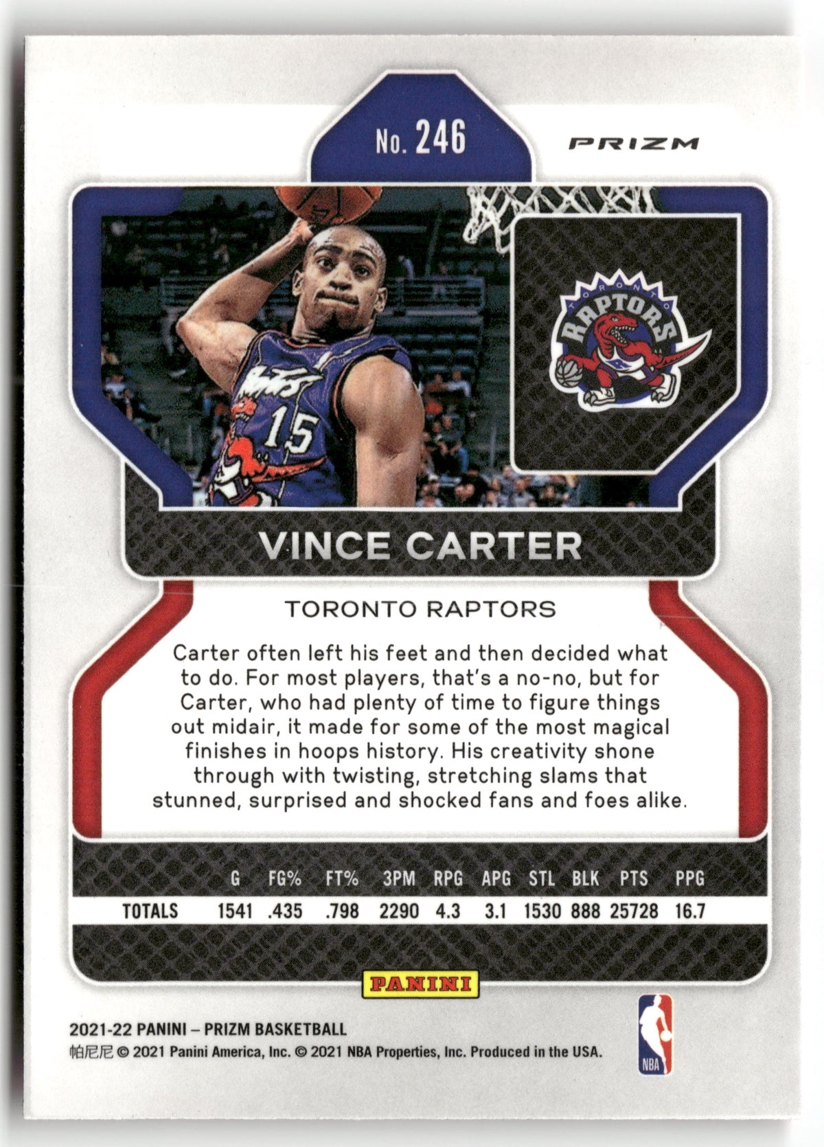 Basketball NBA Vince Carter 2021-22 Panini Prizm #246 Pink Cracked Ice Toronto Raptors Trading Card Original