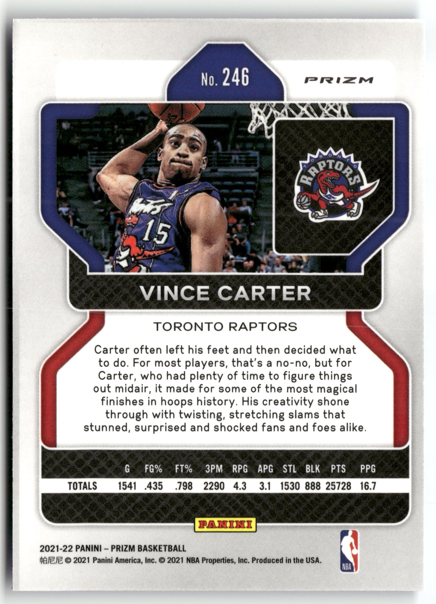 Basketball NBA Vince Carter 2021-22 Panini Prizm Basketball #246 Blue Diamond 75th Anniversary NBA Toronto Raptors Trading Card Original
