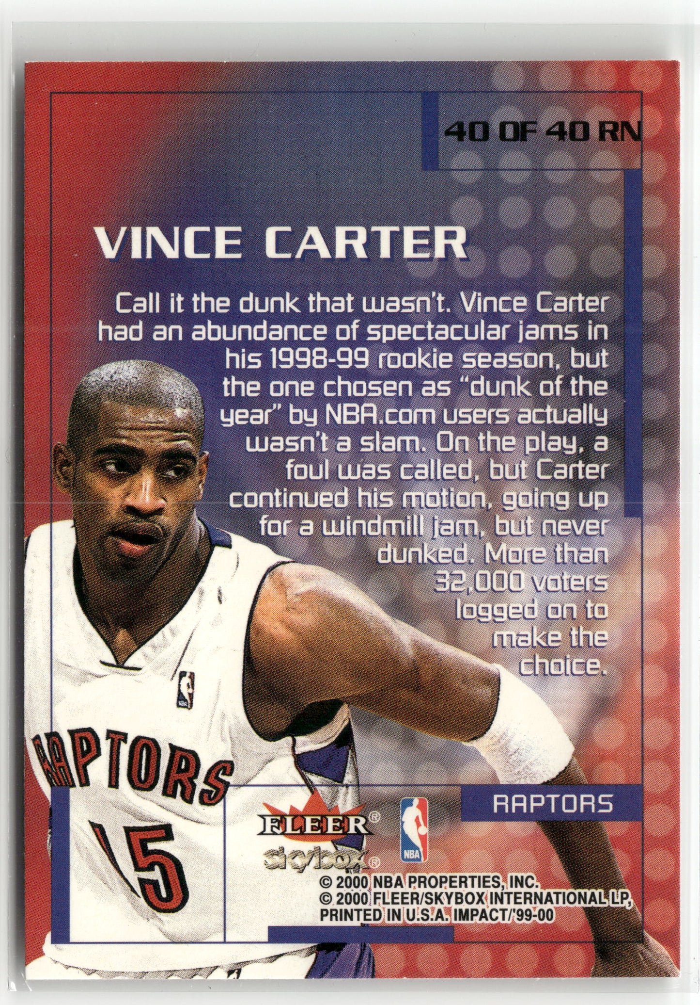 Basketball NBA Vince Carter 1999-00 Fleer Skybox Impact #40 of 40 RN Rewind '99 Toronto Raptors Trading Card Original