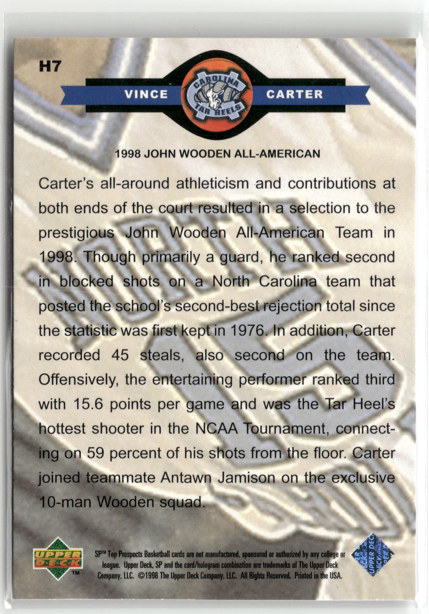 Basketball NBA Vince Carter 1998 SP Top Prospects Carolina Heroes #H7 North Carolina Tar Heels Trading Card Original
