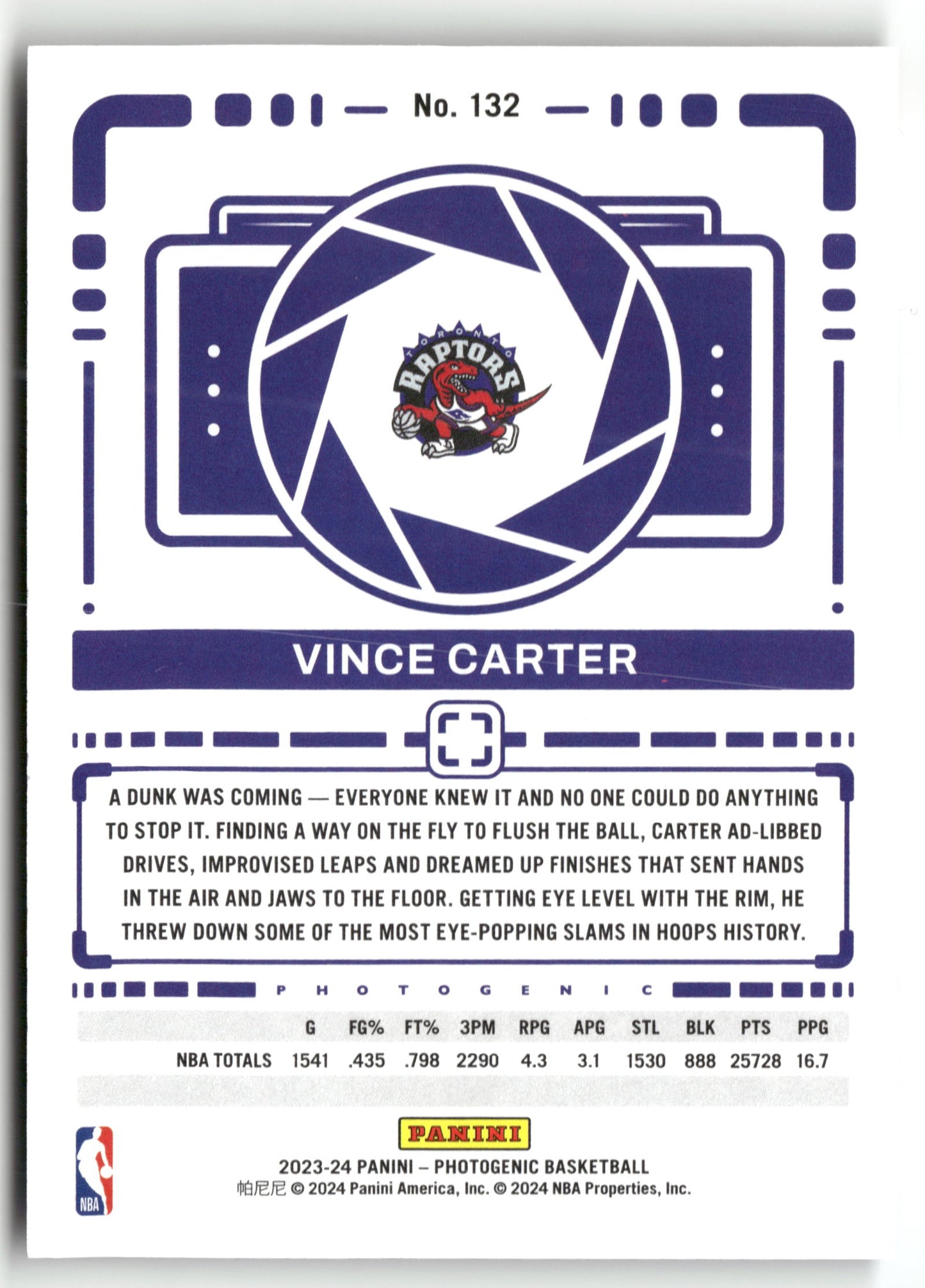 Basketball NBA Vince Carter 2023-24 Panini Photogenic Basketball #132 Toronto Raptors Trading Card Original