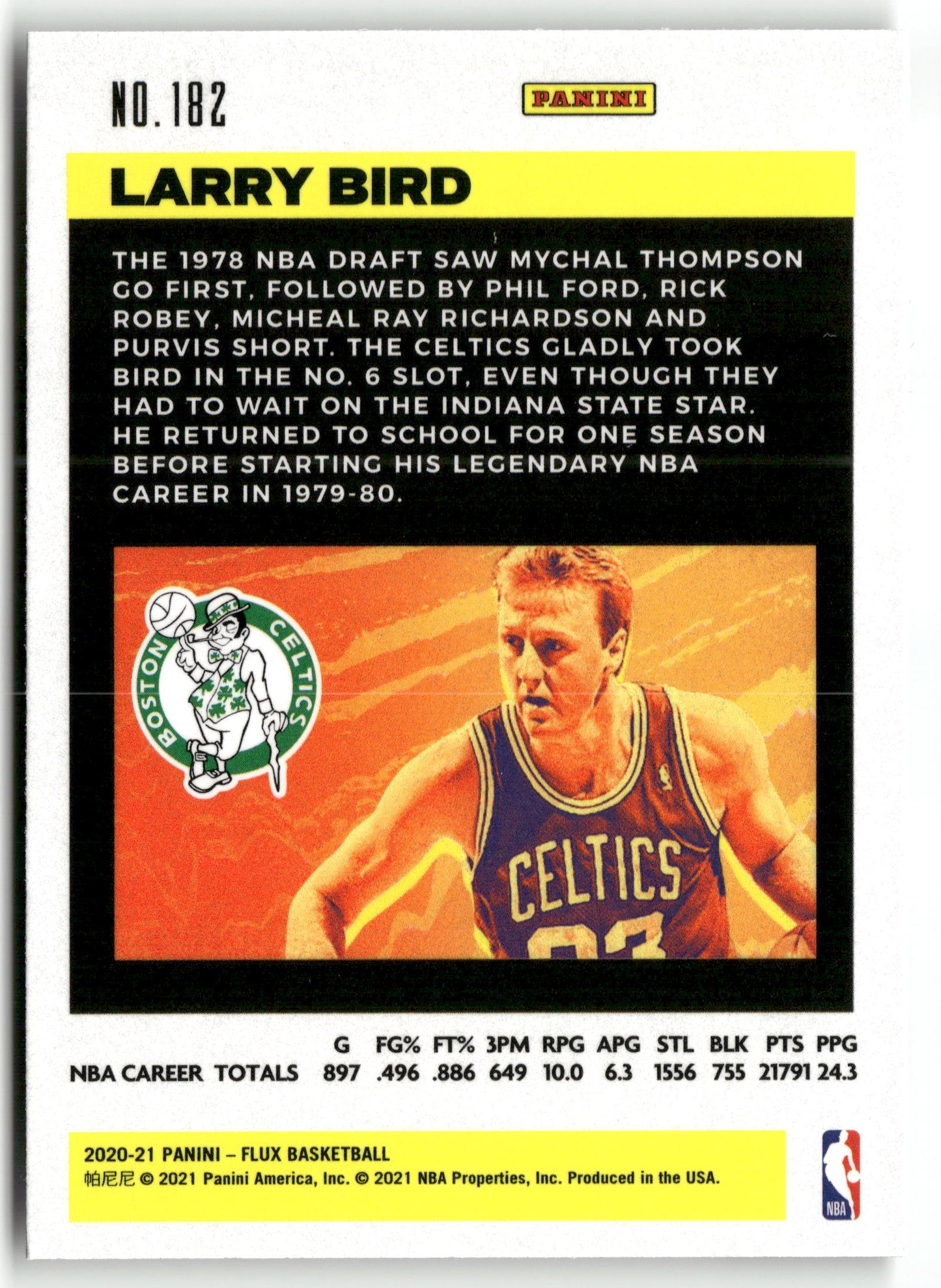 Basketball NBA Larry Bird 2020-21 Panini Flux Basketball #182 Boston Celtics Trading Card Original