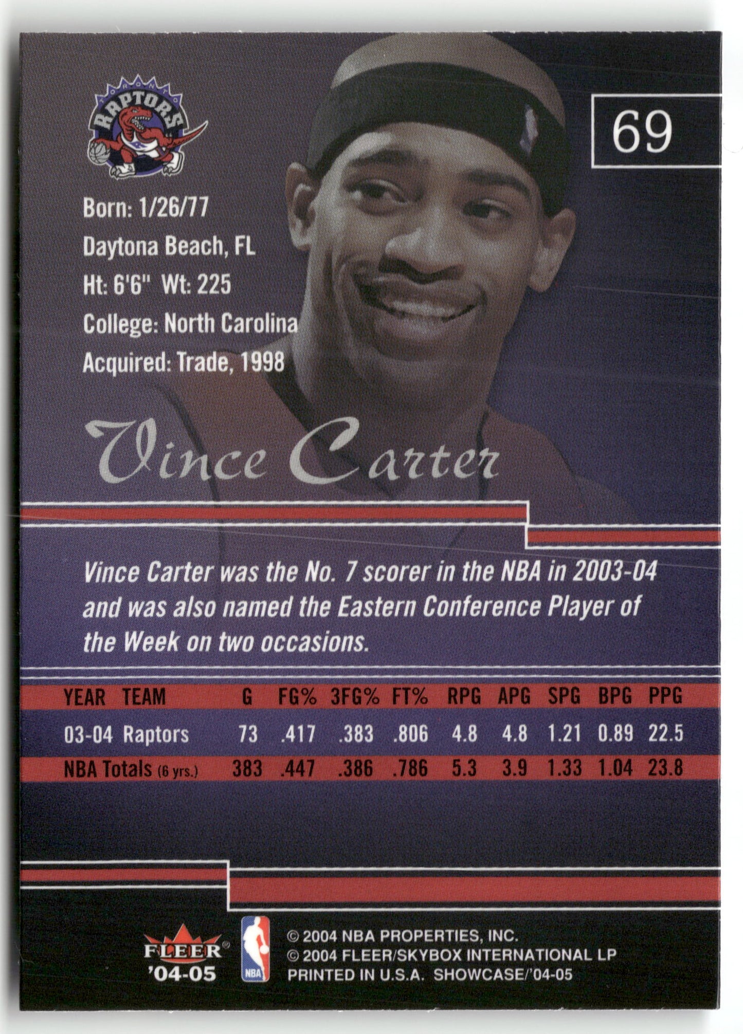 Basketball NBA Vince Carter 2004-05 Fleer Showcase #69 Toronto Raptors Trading Card Original