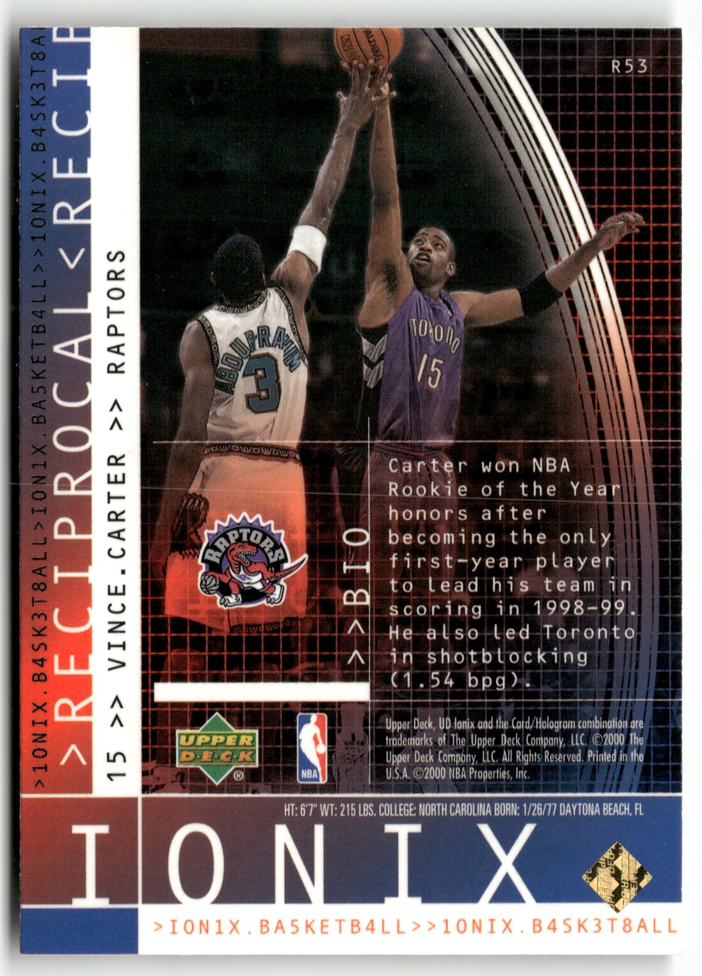 Basketball NBA Vince Carter UD Ionix 2000-01 #R53 Toronto Raptors Trading Card Original