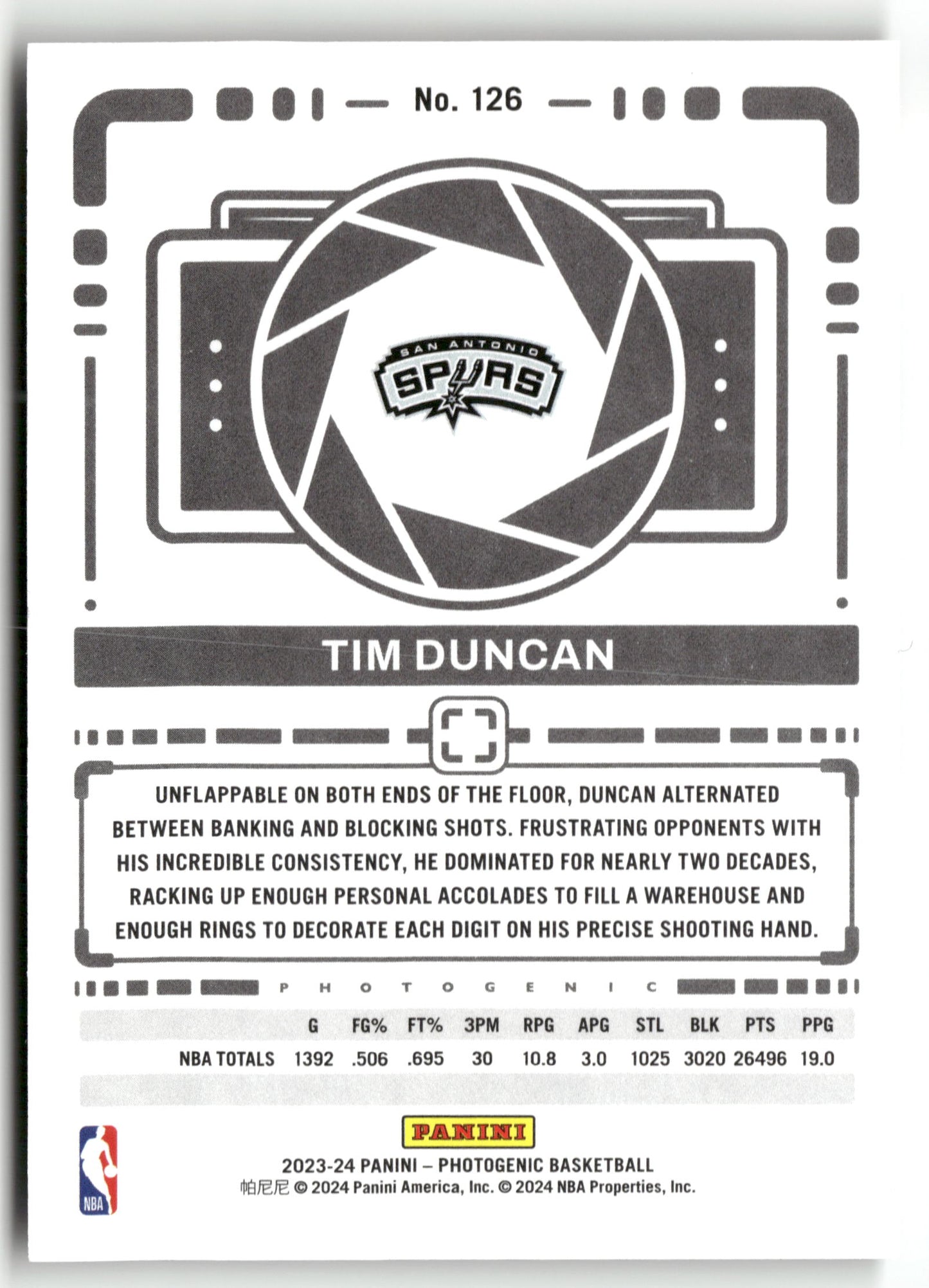 Basketball NBA Tim Duncan 2023-24 Panini Photogenic Basketball #126 San Antonio Spurs Trading Card Original