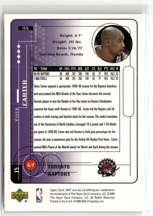 Basketball NBA Vince Carter Upper Deck MVP 1999-00 #155 Toronto Raptors Trading Card Original