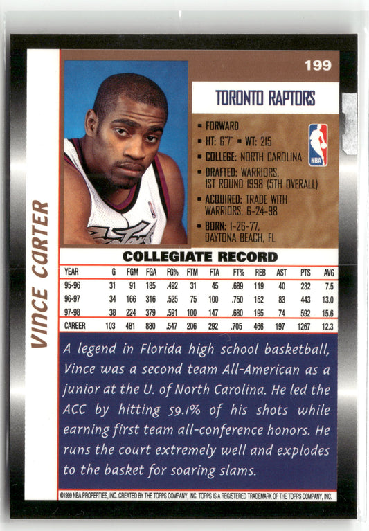 Basketball NBA Vince Carter 1998-99 Topps #199 Rookie Card Toronto Raptors Rookie Card RC Trading Card Original
