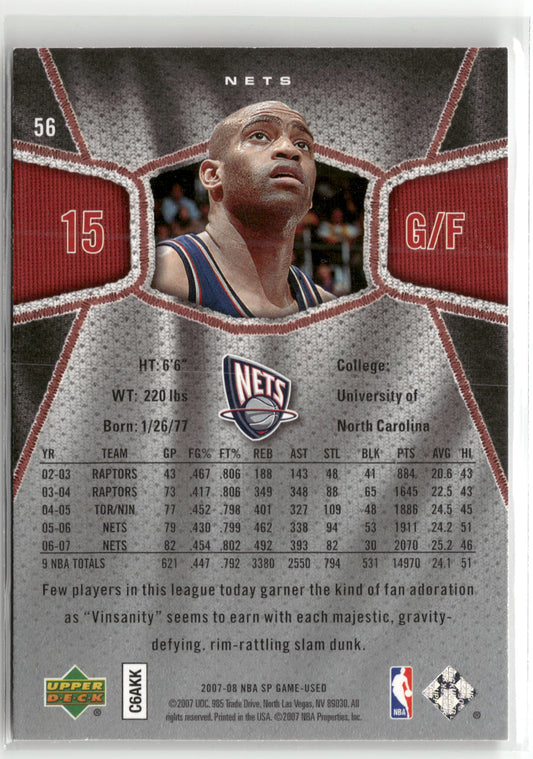 Basketball NBA Vince Carter 2007-08 NBA SP Game Used #56 New Jersey Nets Trading Card Original