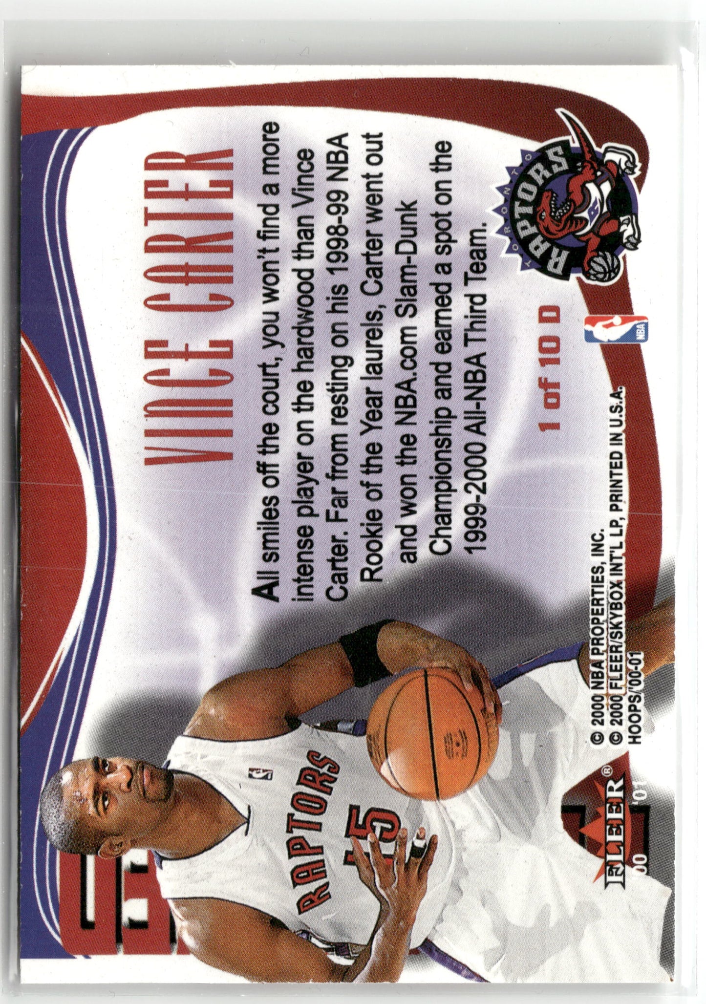 Basketball NBA Vince Carter 2000-01 NBA Hoops Hot Prospects #1 of 10 D Determined Toronto Raptors Trading Card Original