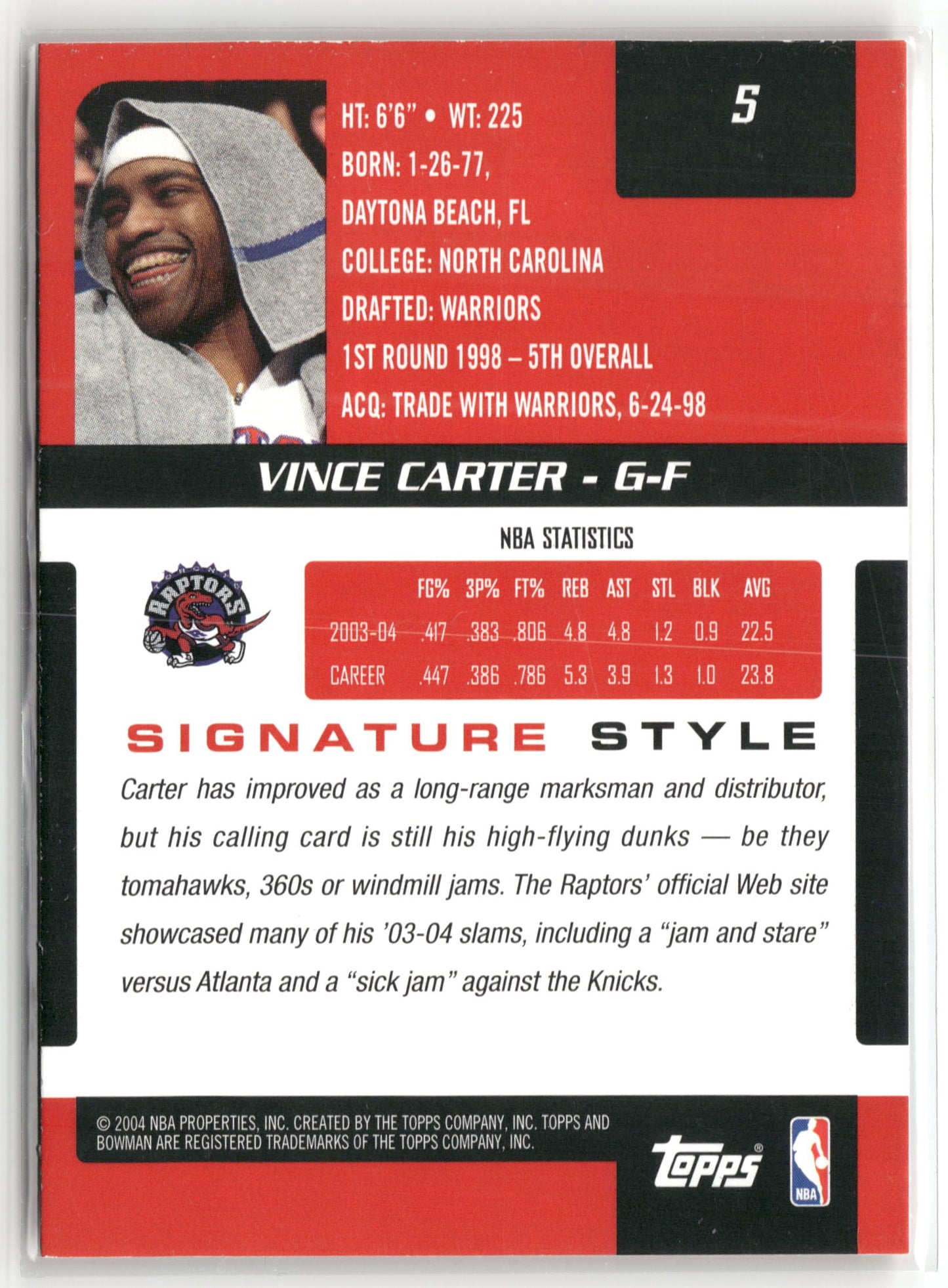 Basketball NBA Vince Carter 2004-05 Bowman Signature #5 Toronto Raptors Trading Card Original