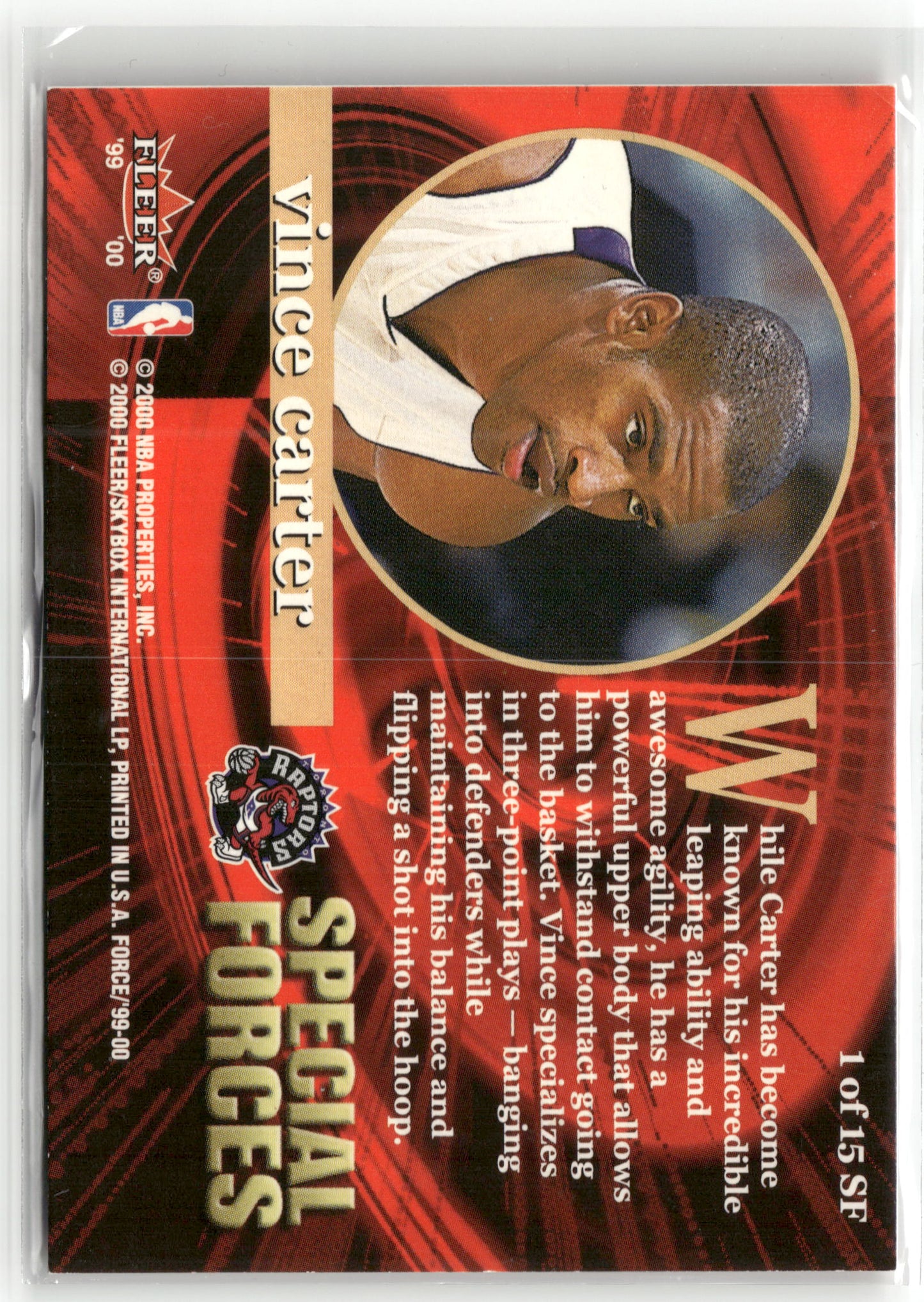 Basketball NBA Vince Carter 1999-00 Fleer Special Forces #1 of 15 SF Toronto Raptors Trading Card Original