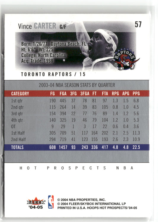 Basketball NBA Vince Carter NBA Hoops Hot Prospects 2004-05 #57 Toronto Raptors Trading Card Original