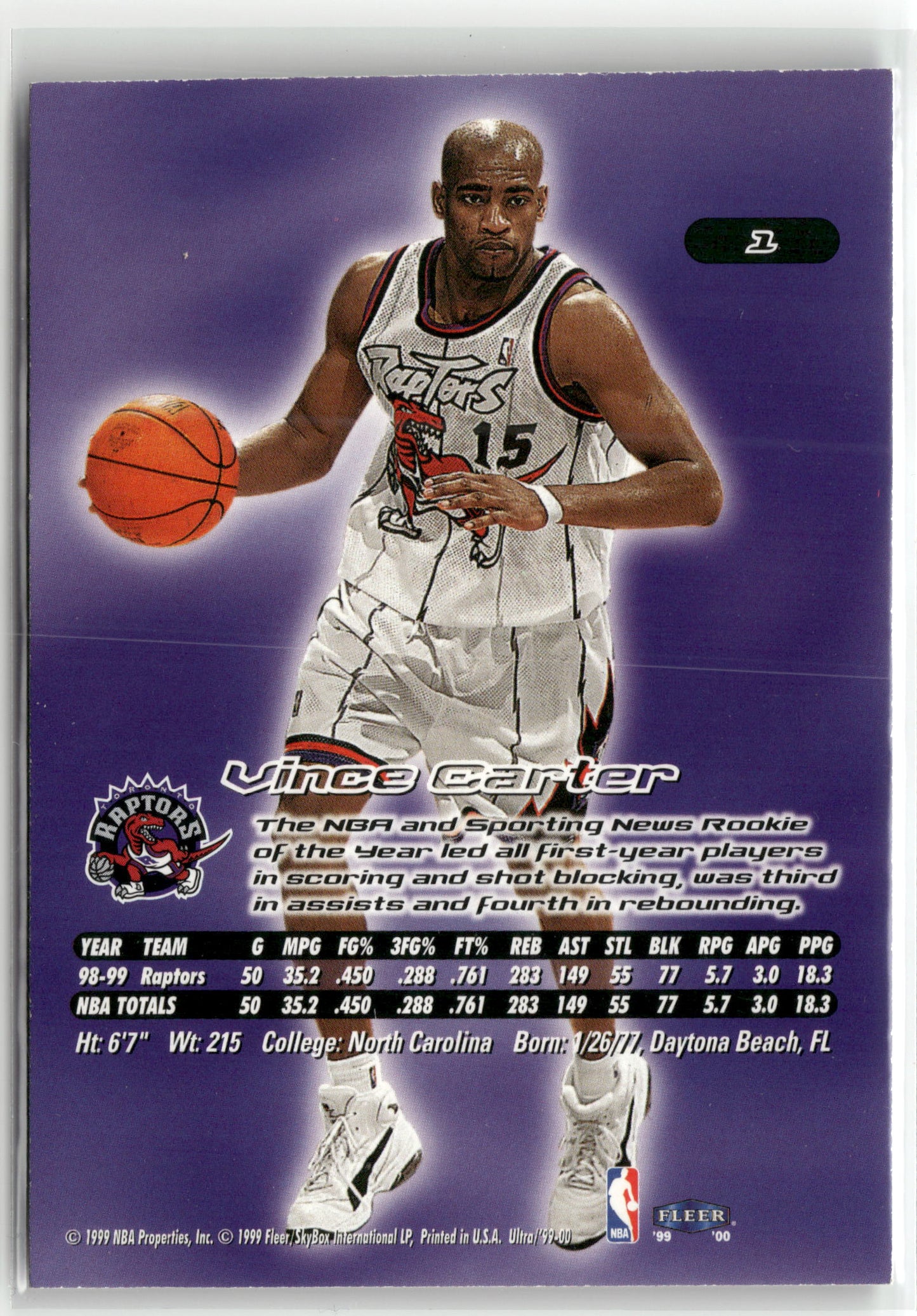 Basketball NBA Vince Carter 1999-00 Fleer Ultra #2 Toronto Raptors Trading Card Original