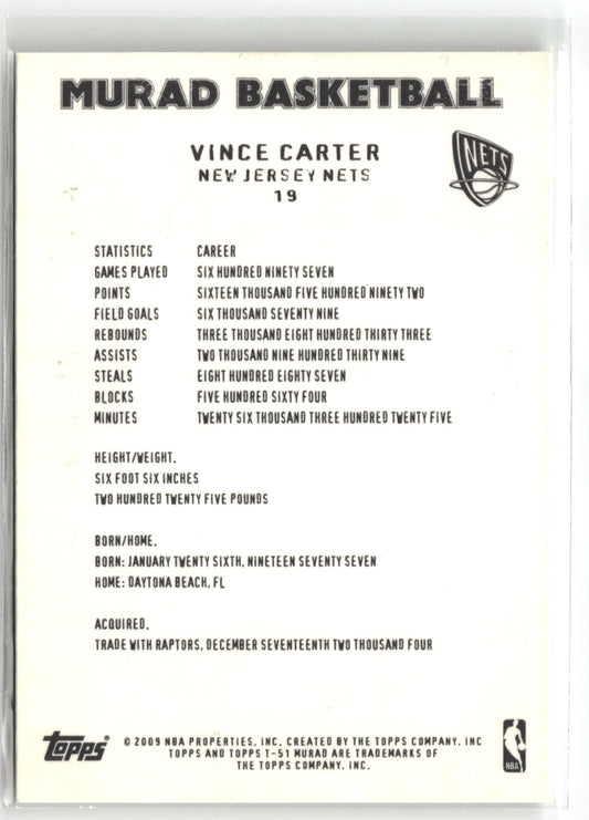 Basketball NBA Vince Carter 2009 Topps T-51 Murad Basketball #19 New Jersey Nets Trading Card Original