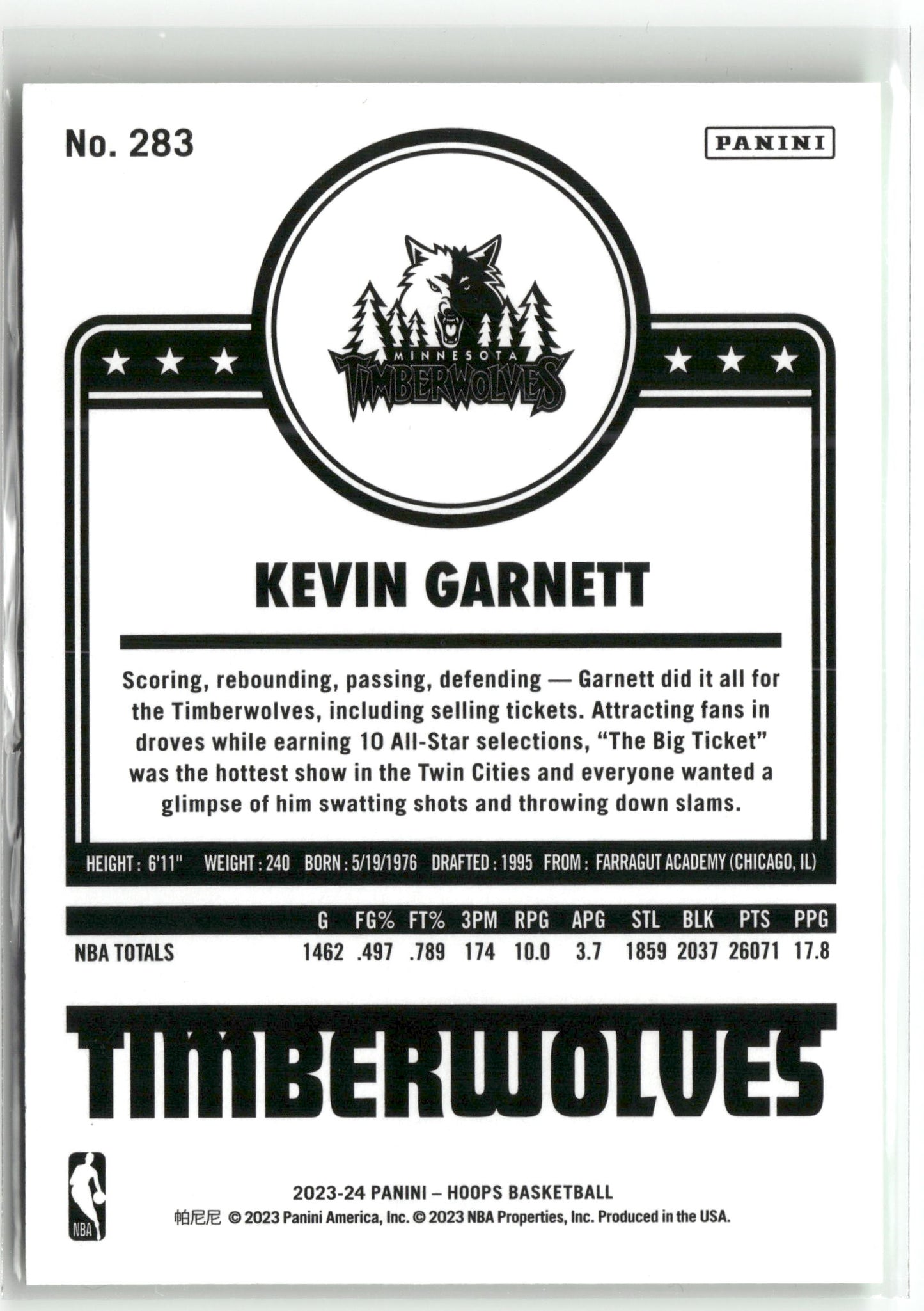Basketball NBA Kevin Garnett 2023-24 Panini NBA Hoops #283 True Green Minnesota Timberwolves Trading Card Original