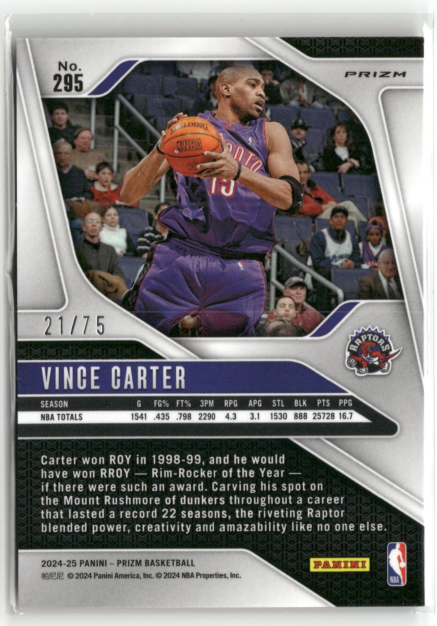 Basketball NBA Vince Carter 2024-25 Panini Prizm Basketball #295 Red Pulsar Prizm /75 Toronto Raptors Trading Card Original