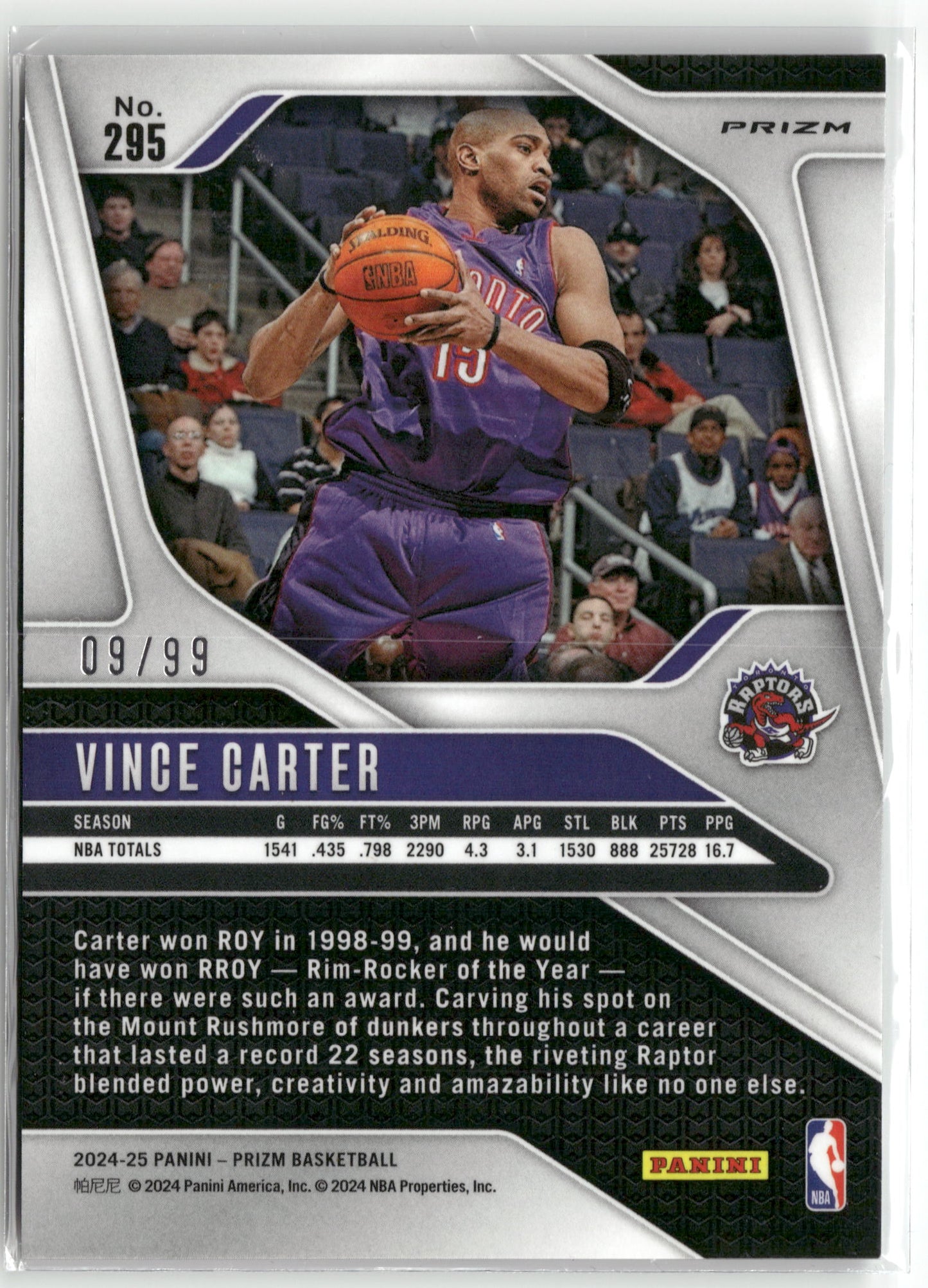 Basketball NBA Vince Carter 2024-25 Panini Prizm Basketball #295 True Purple Color Match /99 Toronto Raptors Trading Card Original