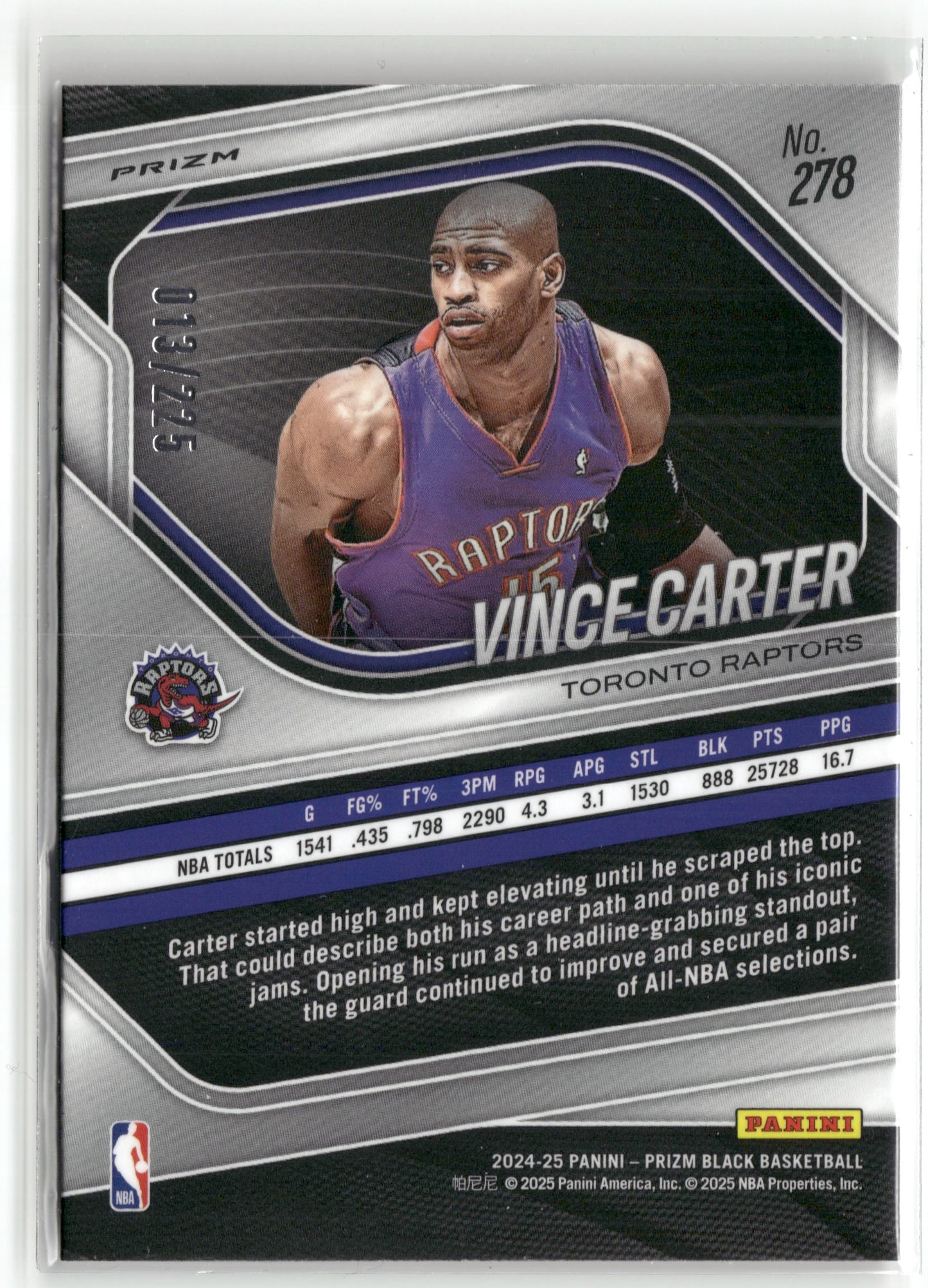 Basketball NBA Vince Carter 2024-25 Panini Prizm Black Basketball #278 Basketball Prizm /225 Toronto Raptors Trading Card Original