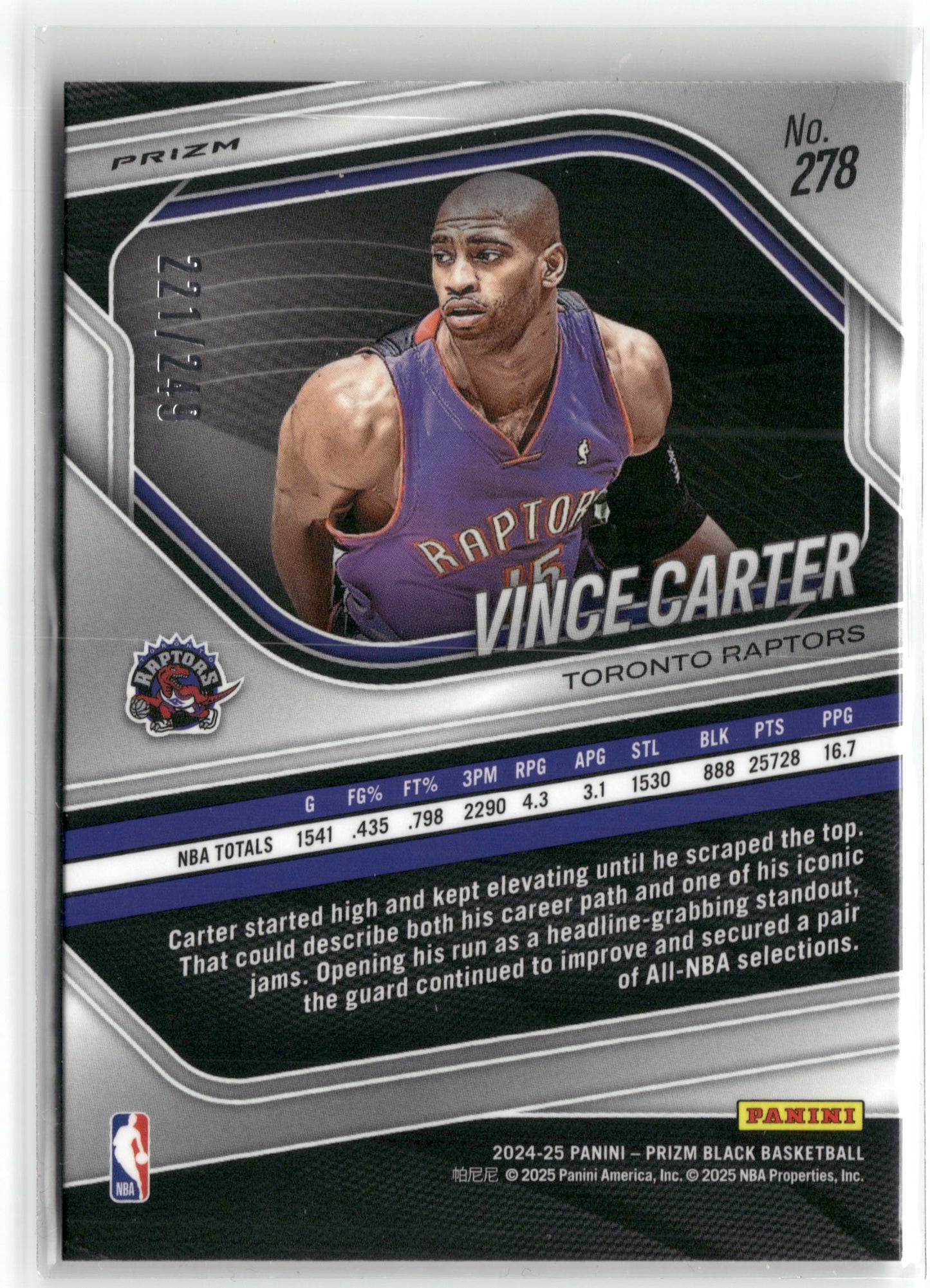 Basketball NBA Vince Carter 2024-25 Panini Prizm Black Basketball #278 Skewed Prizm /249 Toronto Raptors Trading Card Original