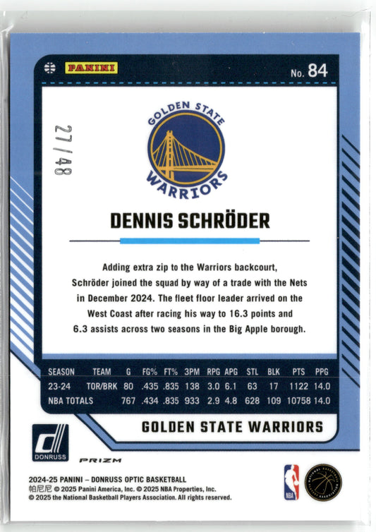 Basketball NBA Dennis Schröder 2024-25 Panini Donruss Optic Basketball #84 White Mojo Prizm /48 Golden State Warriors Trading Card Original