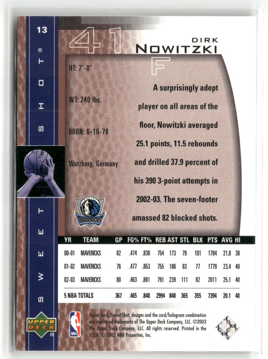 Basketball NBA Dirk Nowitzki Upper Deck Sweet Shot 2003-04 #13 Dallas Mavericks Trading Card Original