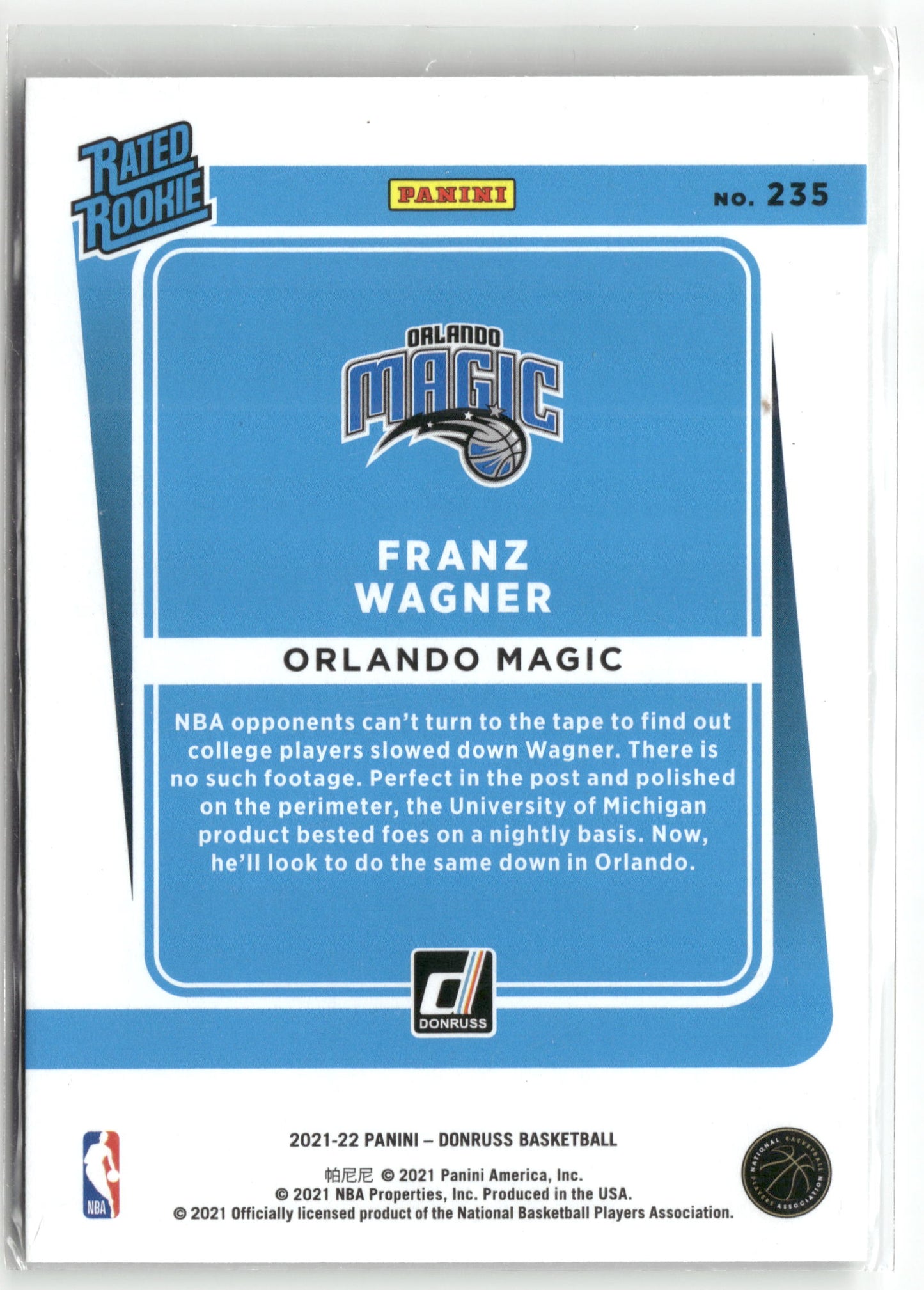 Basketball NBA Franz Wagner 2021-22 Panini Donruss Basketball #235 Orlando Magic Rookie Card RC Trading Card Original