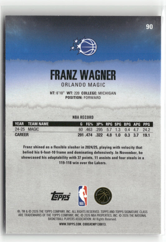 Basketball NBA Franz Wagner 2025-26 Topps Signature Class #90 Magenta /250 Orlando Magic Trading Card Original
